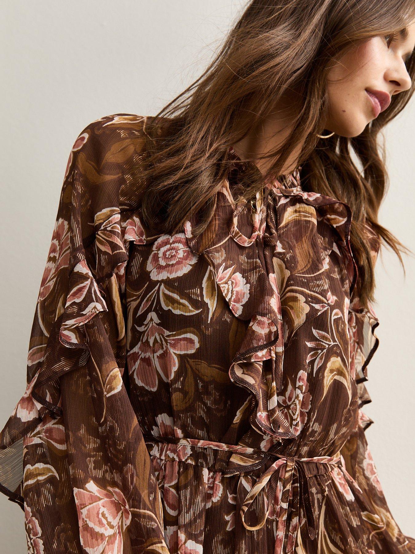 Image 5 of 5 of New Look Floral Print Ruffled Chiffon Midi Dress - Brown
