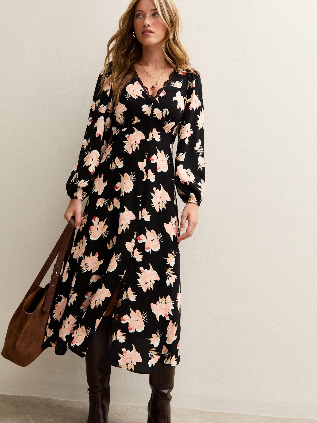 New Look Lace Trimmed Midi Dress - Black