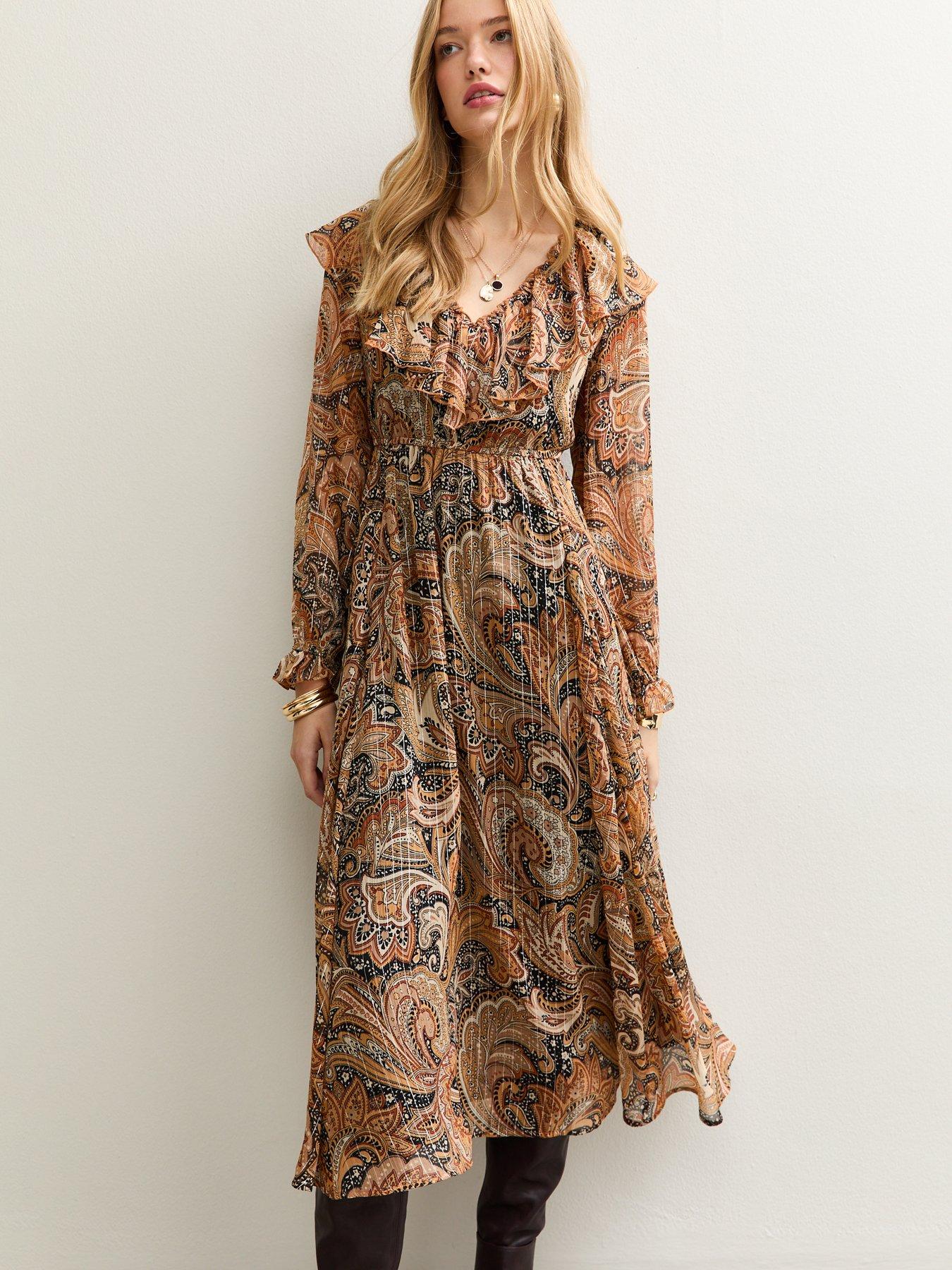 New Look Paisley Print Chiffon Long Sleeve Midi Dress - Brown