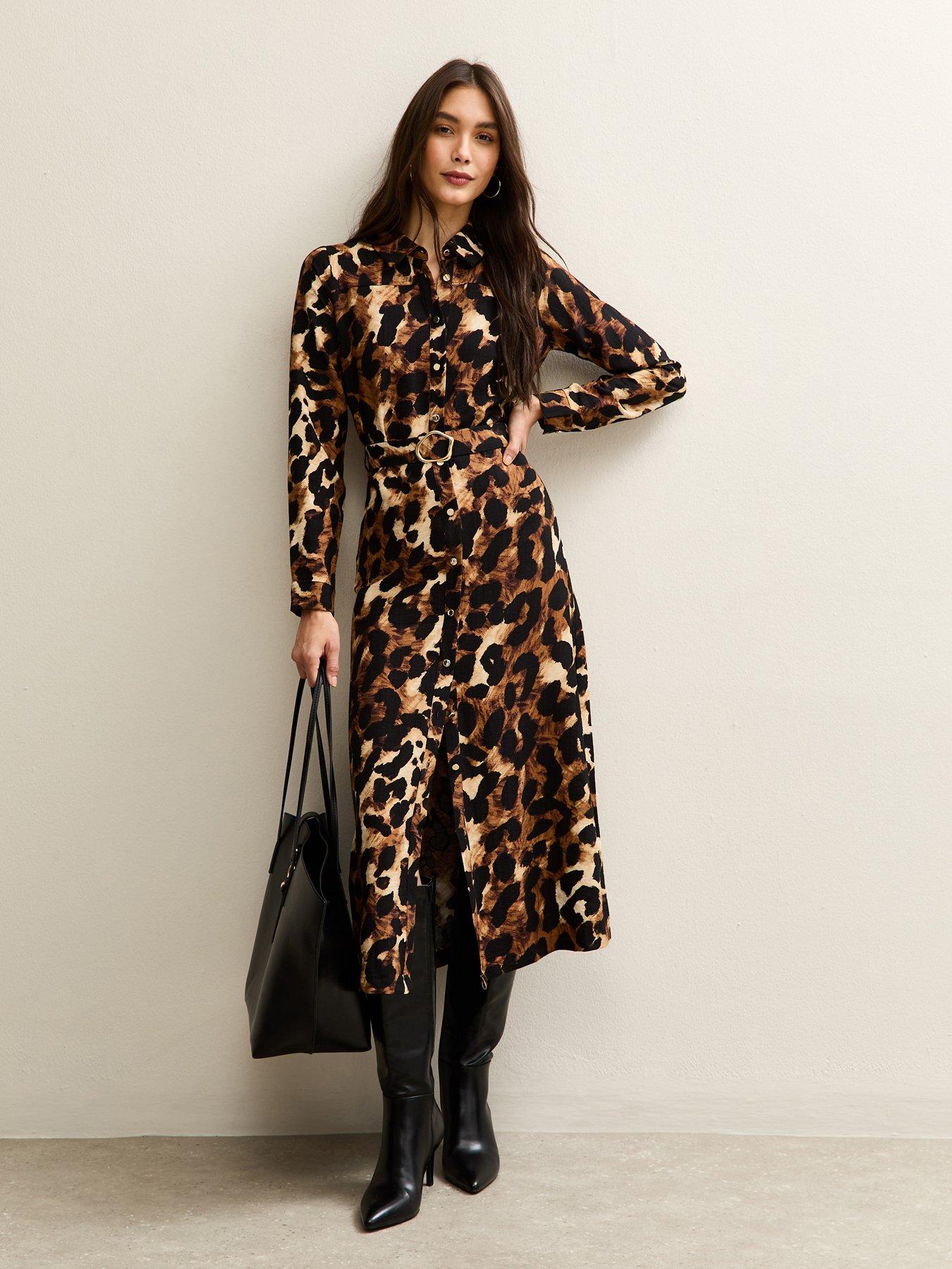 New Look Leopard Print Long Sleeve Shirt Dress - Print