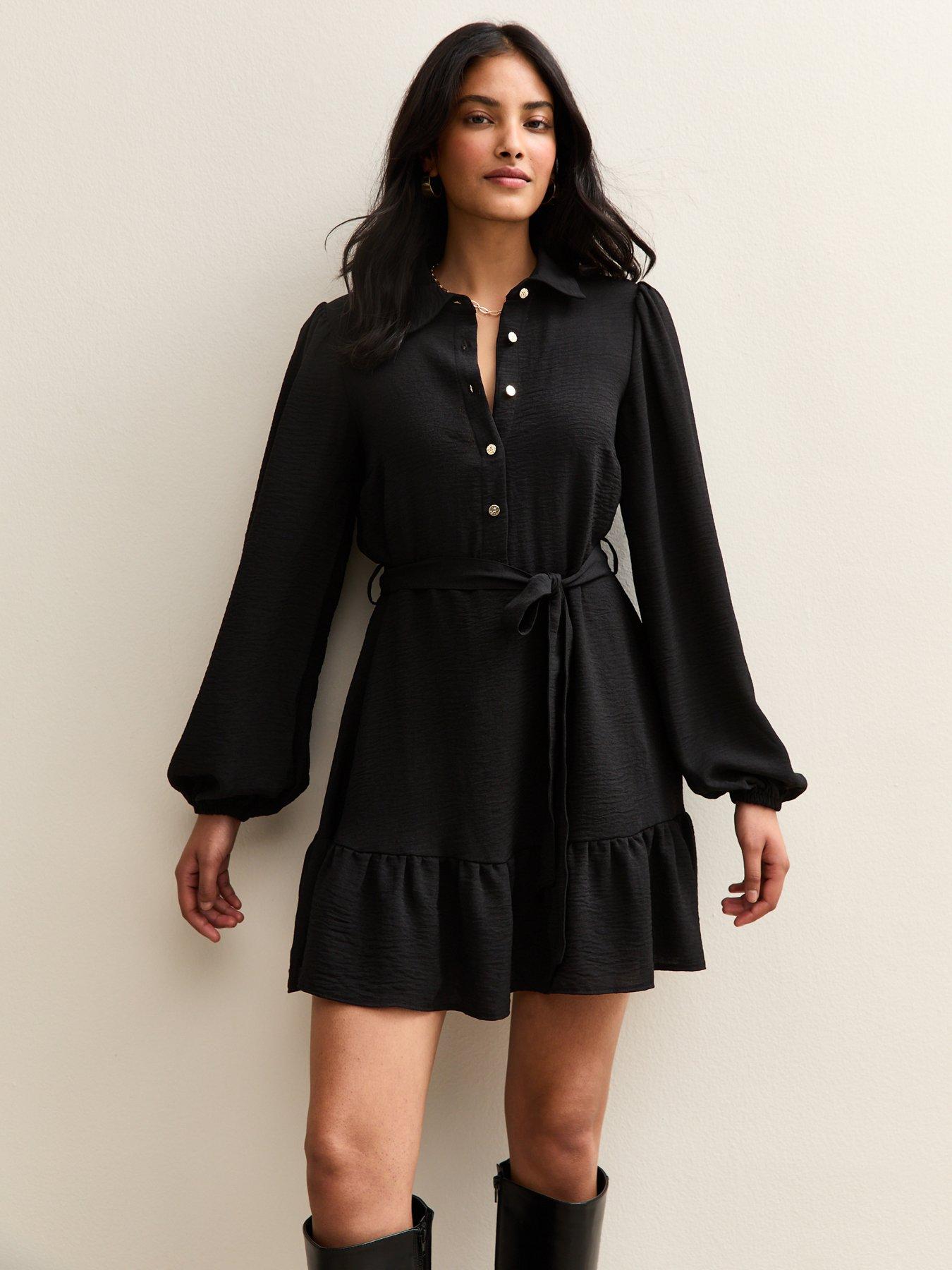 Image 1 of 6 of New Look Belted Long Sleeve Mini Dress - Black