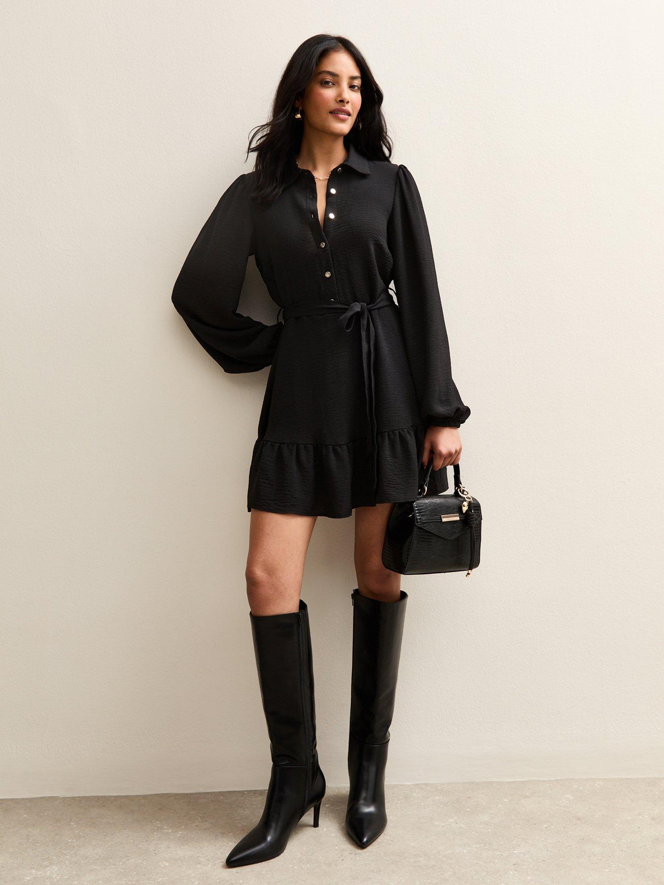 Image 3 of 6 of New Look Belted Long Sleeve Mini Dress - Black