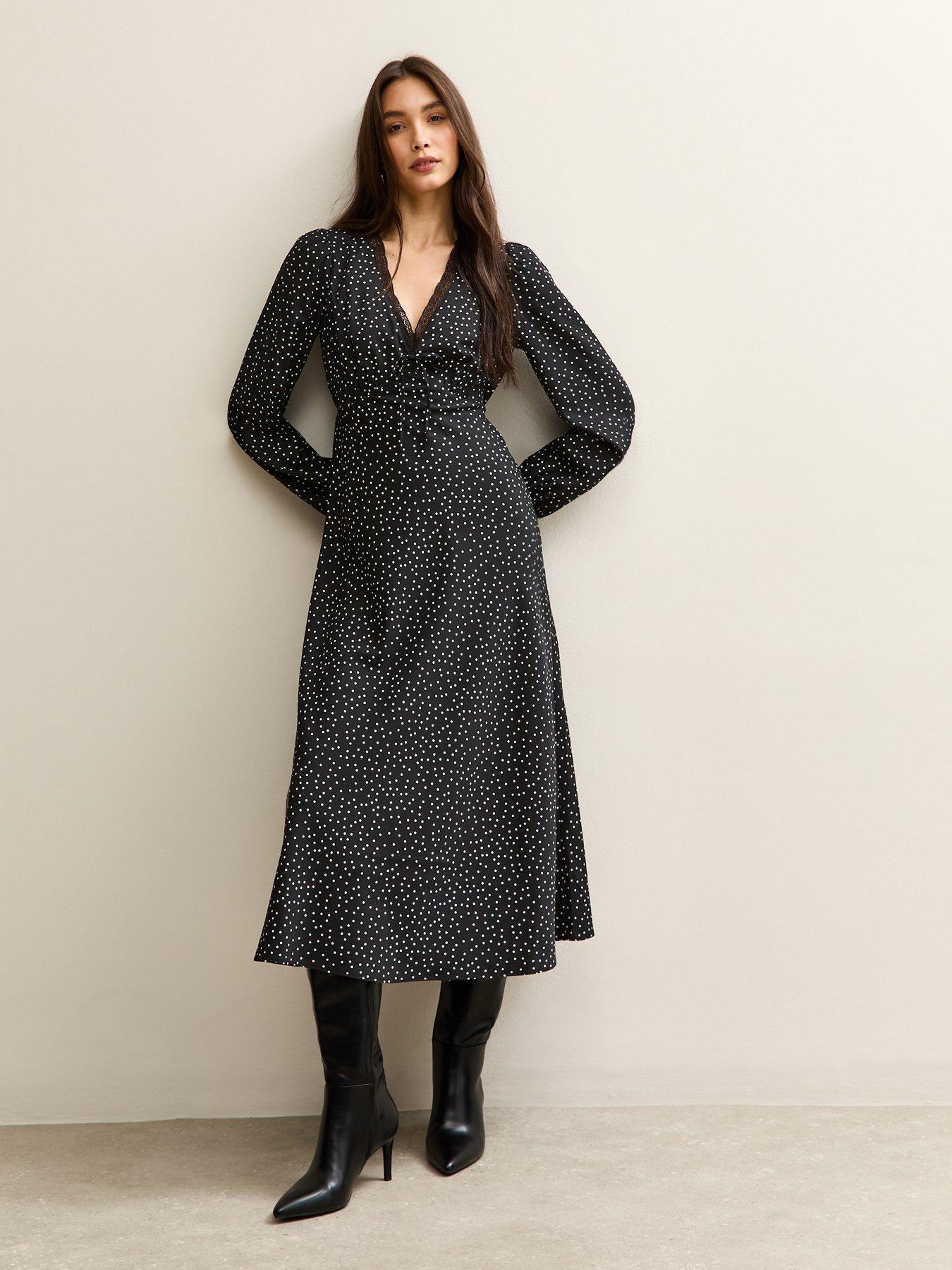 new-look-spot-print-lace-trimmed-midi-dress-black