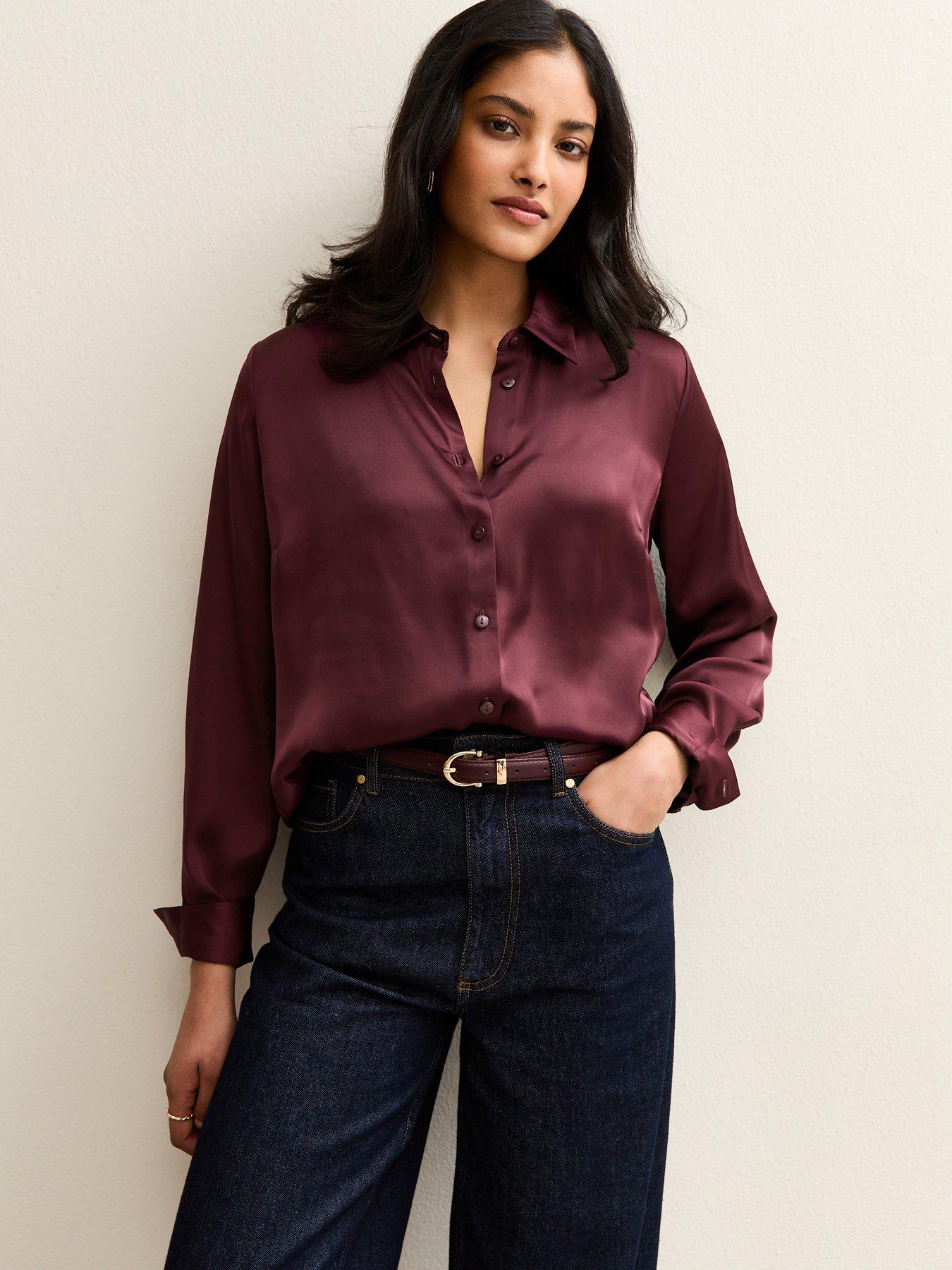 Image 1 of 6 of New Look Dark Burgundy Satin Long Sleeve Shirt