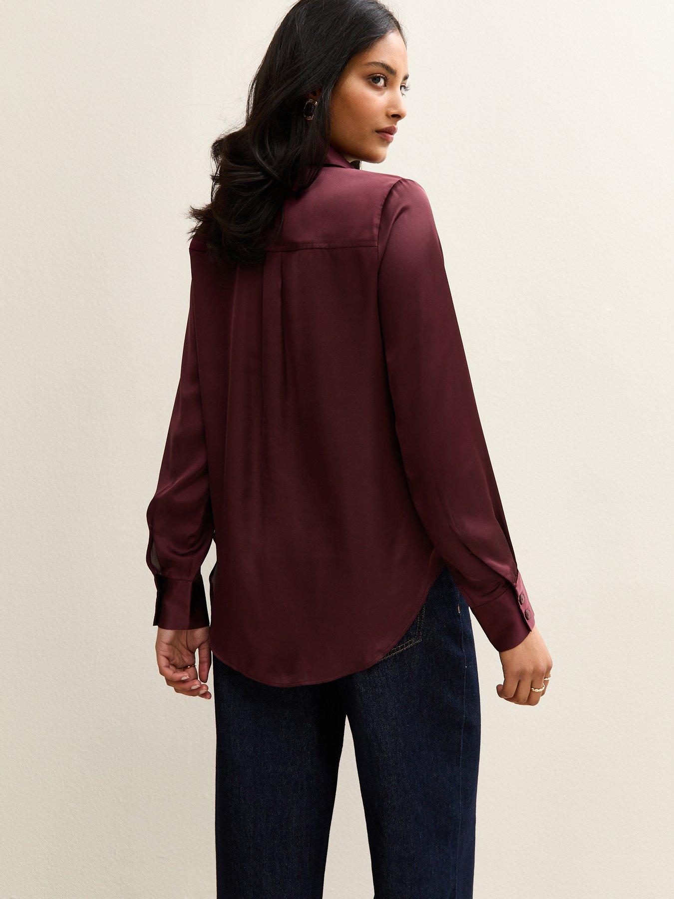 Image 2 of 6 of New Look Dark Burgundy Satin Long Sleeve Shirt
