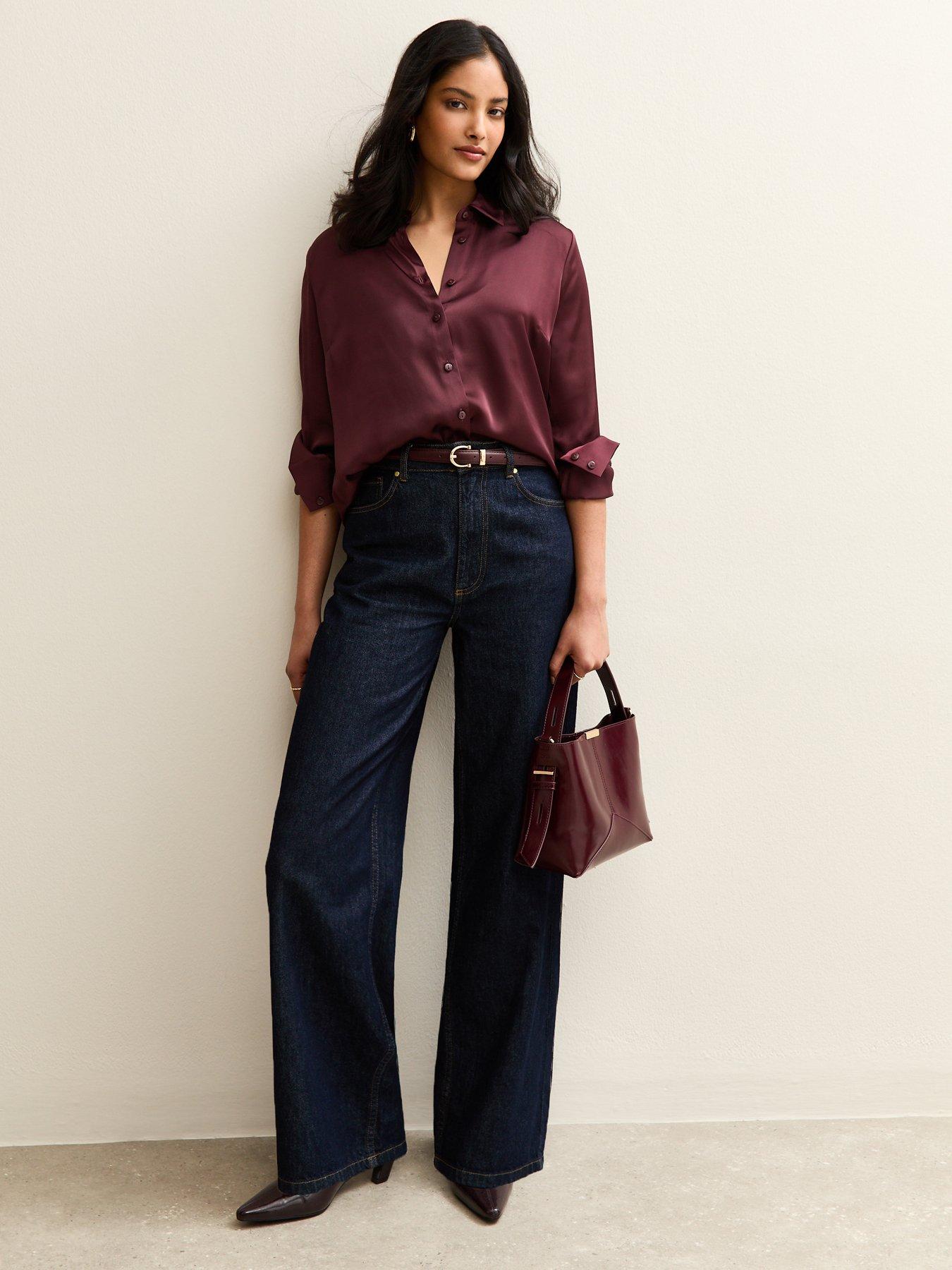 Image 3 of 6 of New Look Dark Burgundy Satin Long Sleeve Shirt