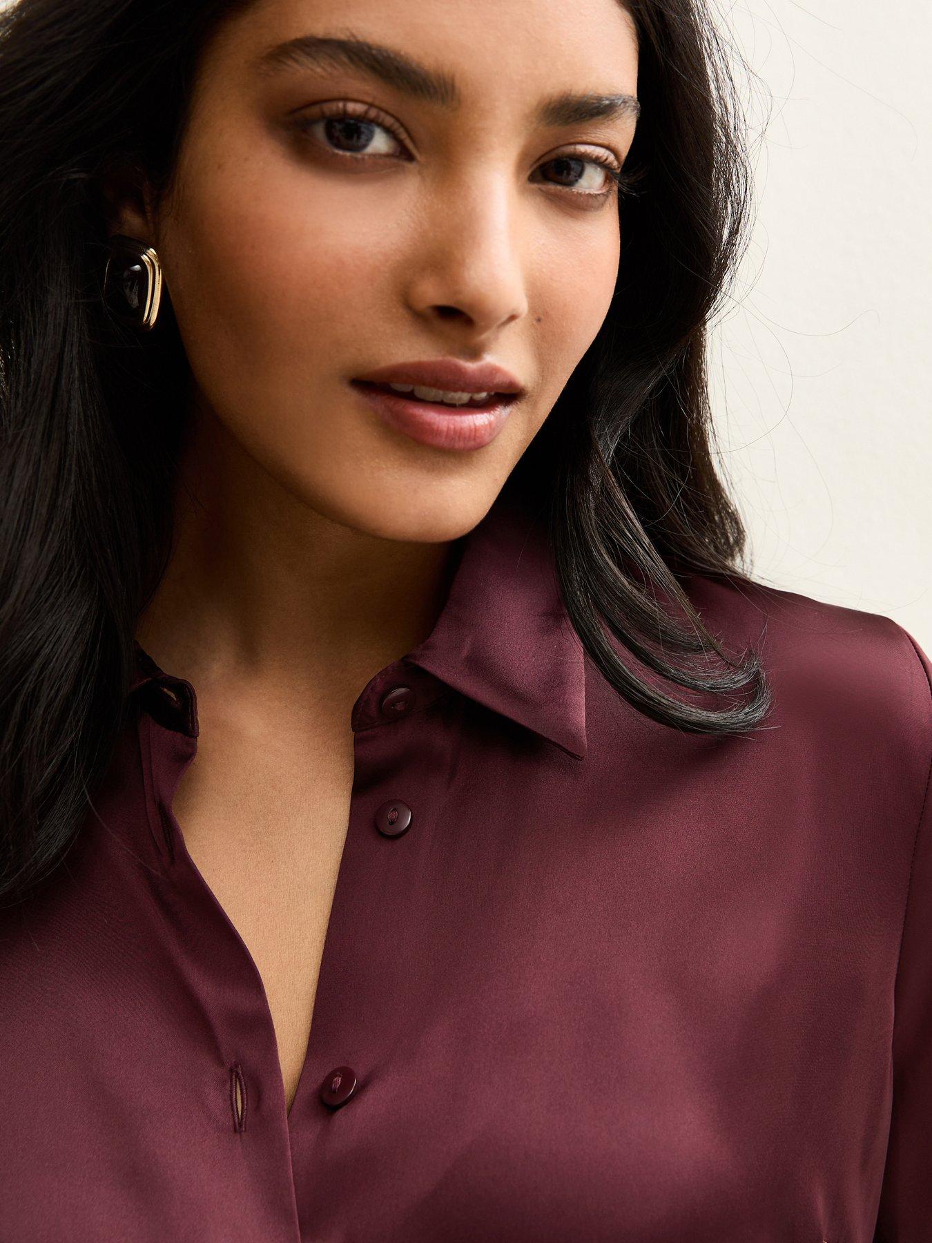 Image 4 of 6 of New Look Dark Burgundy Satin Long Sleeve Shirt