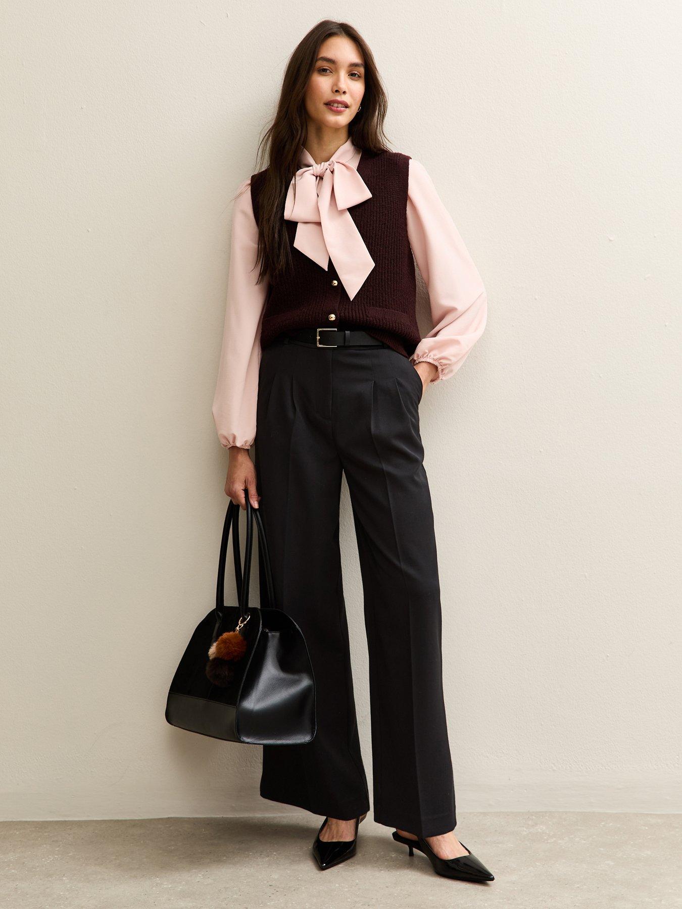 Image 1 of 4 of New Look Belted Wide Leg Tailored Trousers - Black