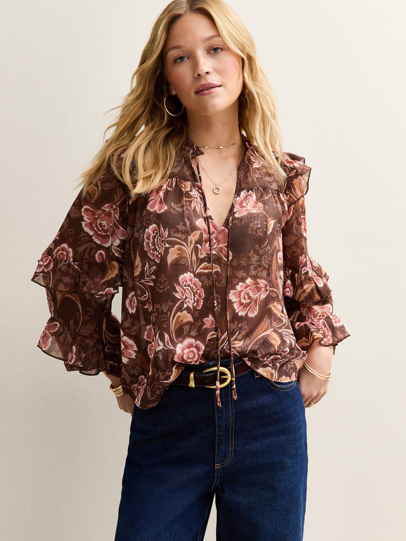 new-look-floral-frilly-flared-sleeve-blouse-brown