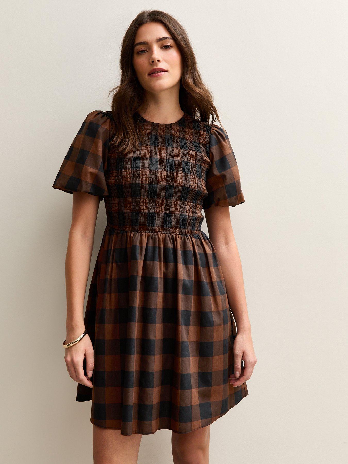 New Look Check Shirred Bodice Mini Dress - Brown