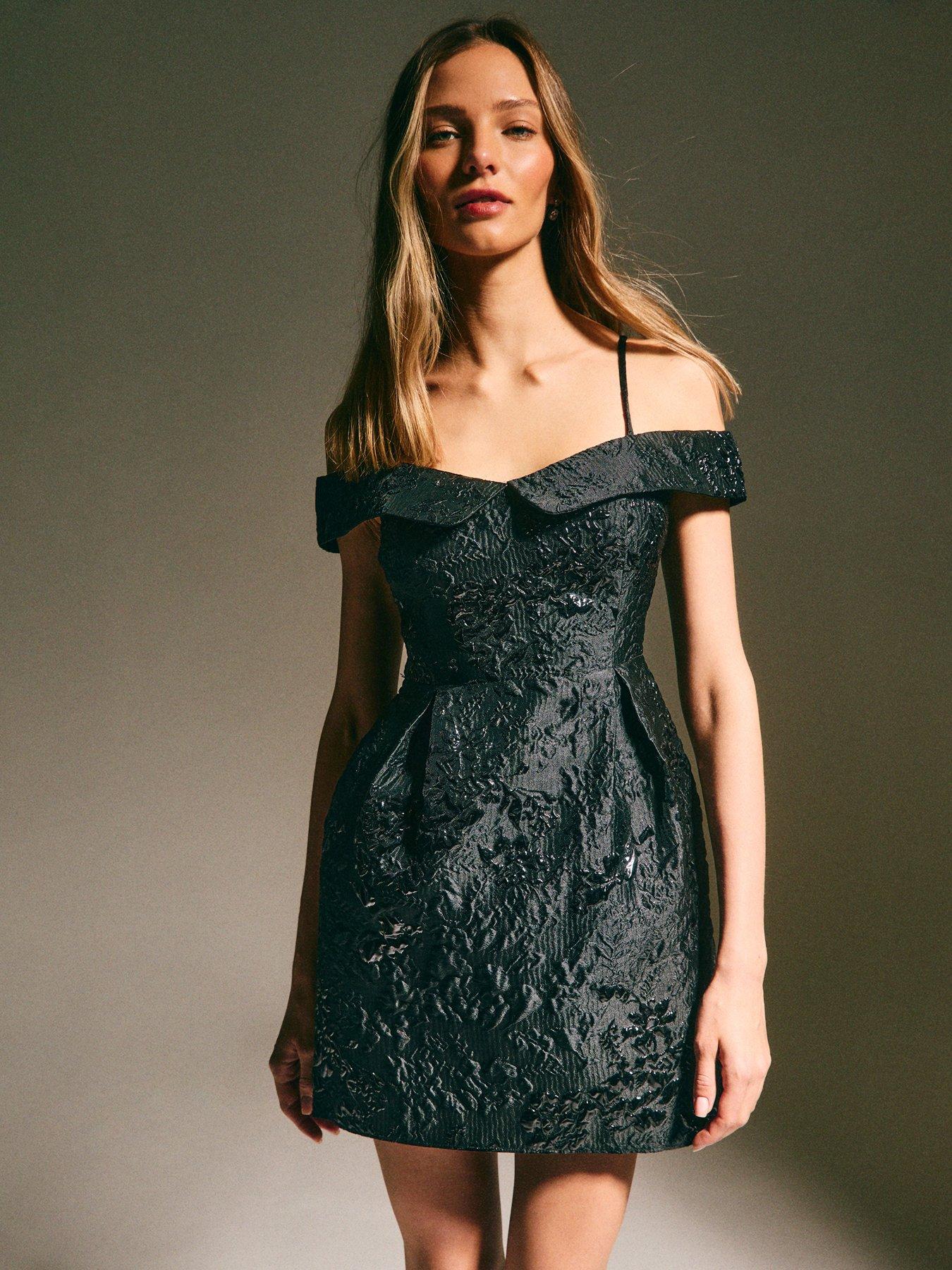 New Look Black Floral Jacquard Bardot Mini Dress