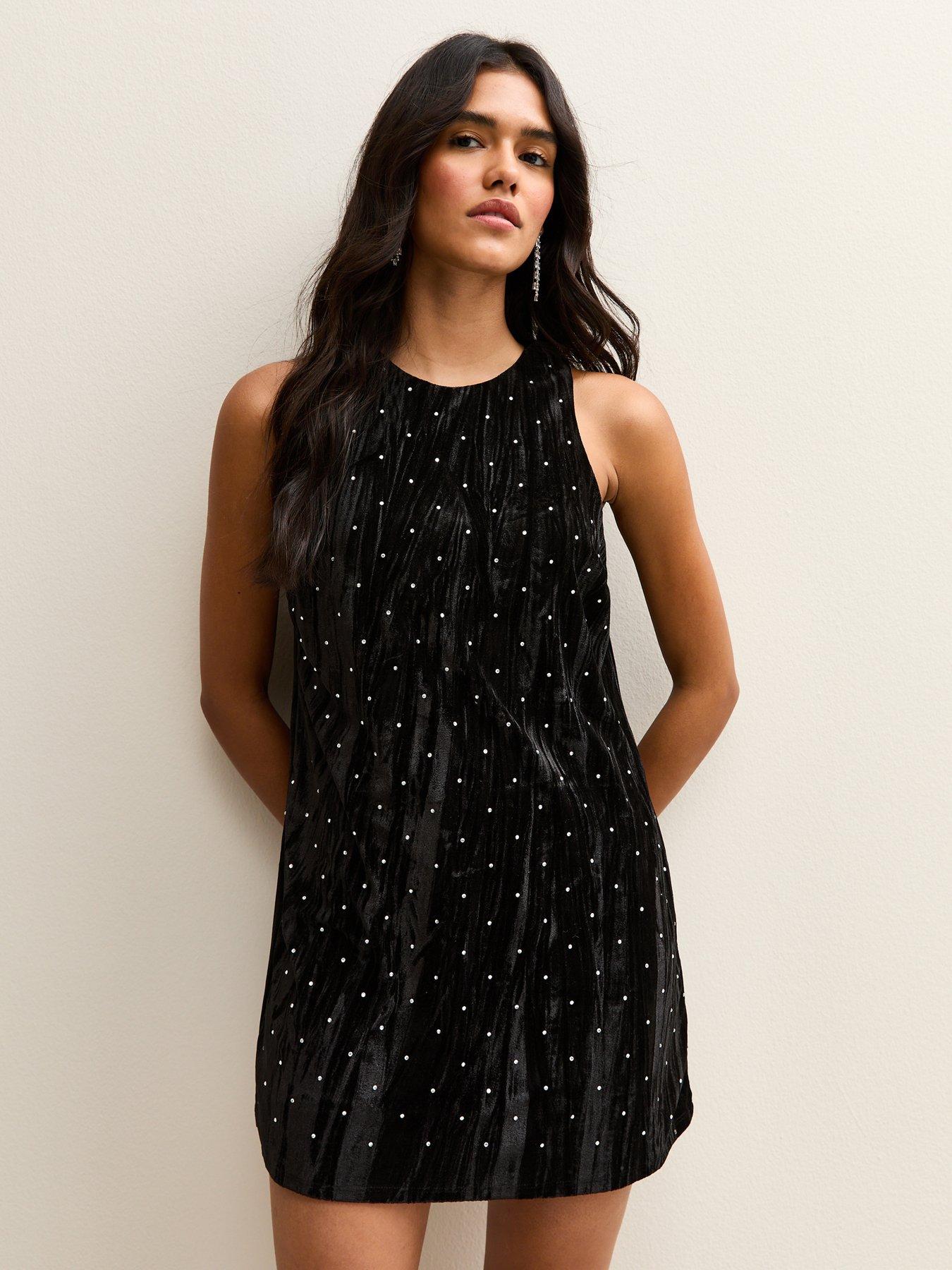 New Look Black Diamante Embellished Velvet Mini Dress
