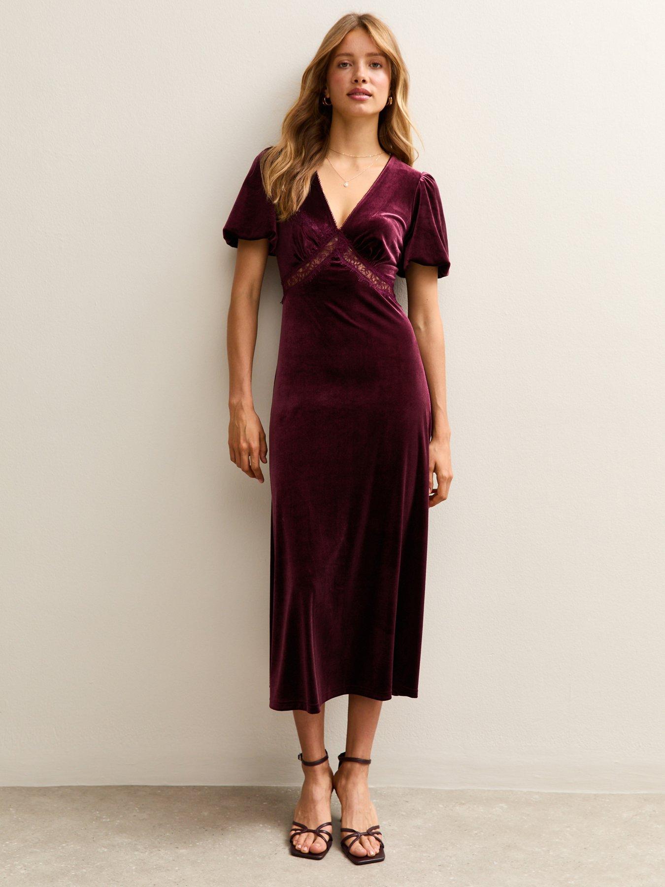 New Look Burgundy Velvet Lace Insert Midi Dress