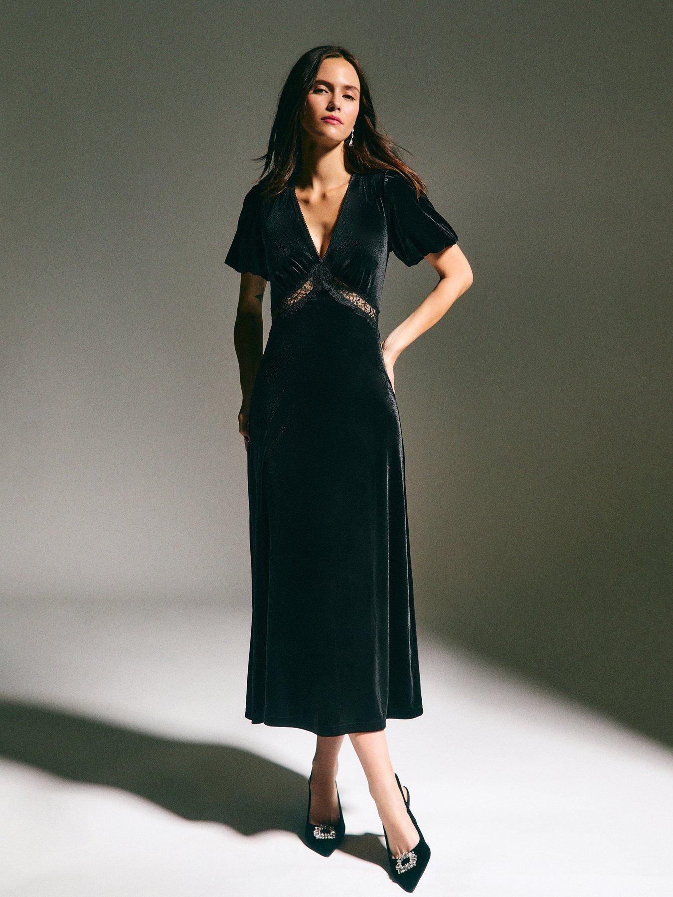 New Look Black Velvet Lace Insert Midi Dress
