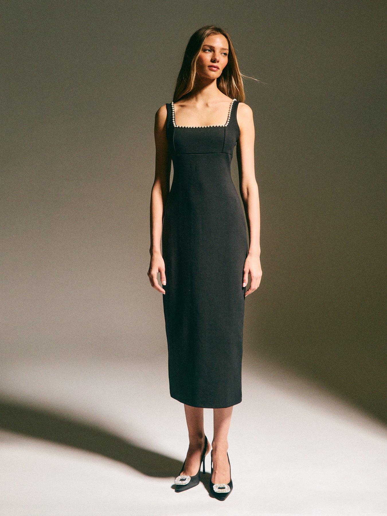New Look Faux Pearl Embellished Square Neck Midi Dress - Black