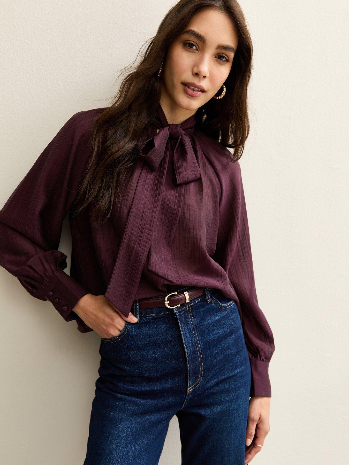 New Look Gathered Pussybow Neck Blouse - Burgundy