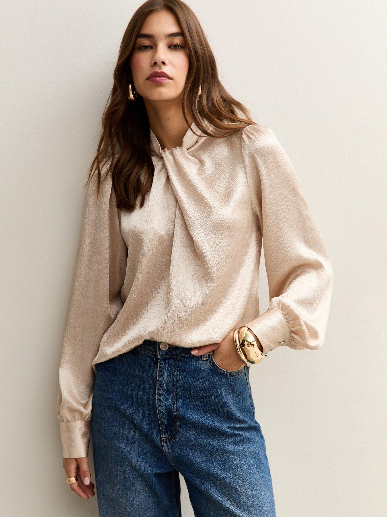 new-look-twist-neck-long-sleeve-textured-satin-blouse-cream