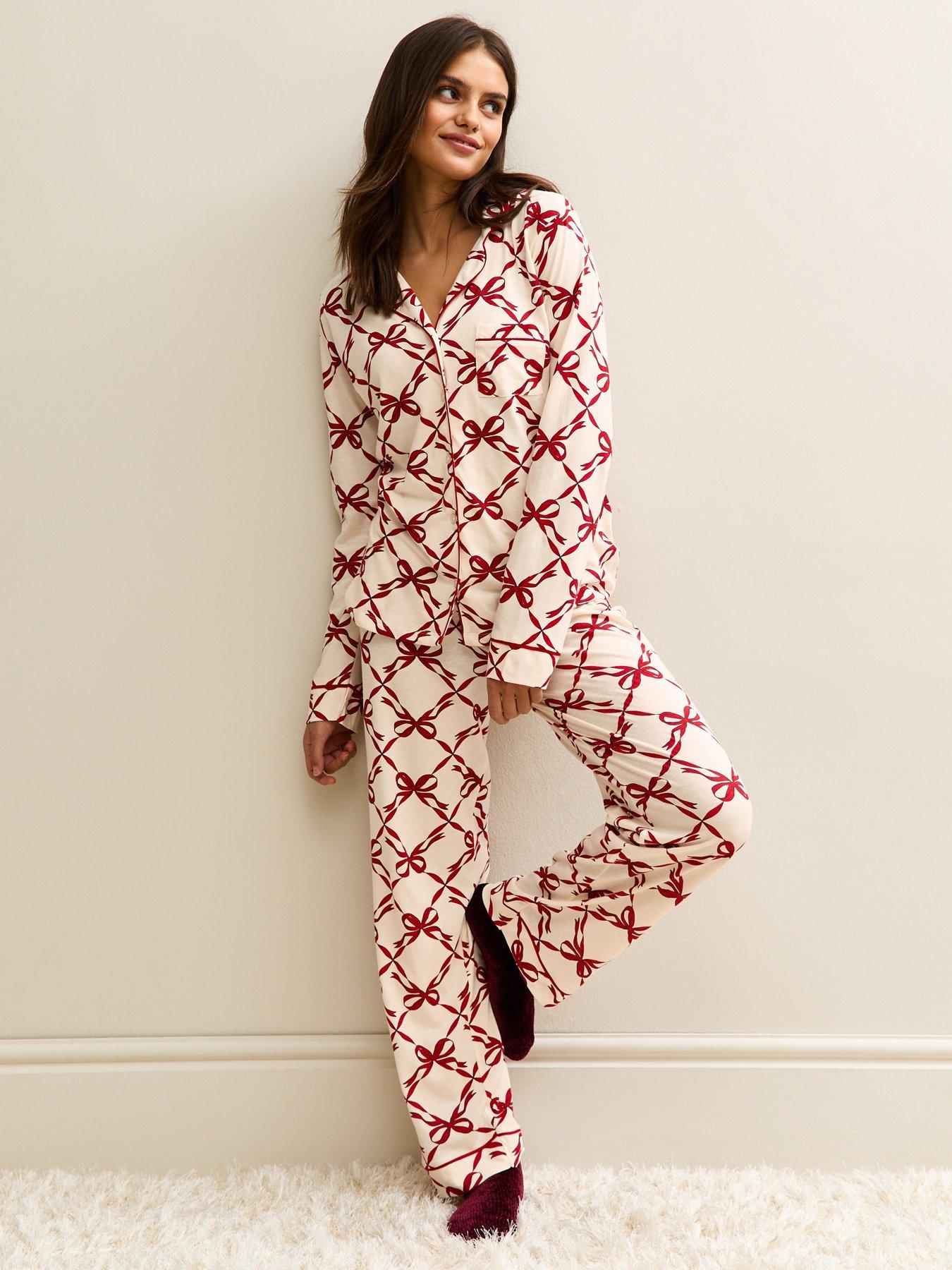 New Look Jersey Bow Print Revere Collar Shirt And Trousers Pyjama Set - Red