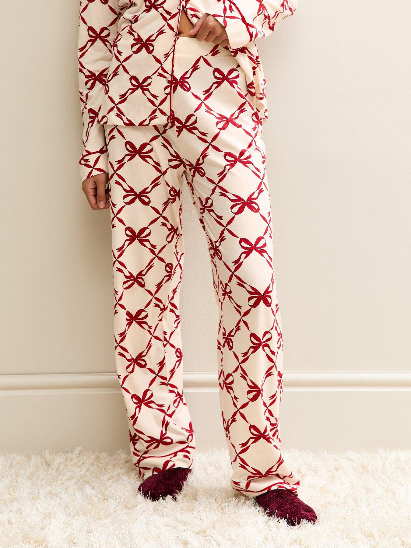 new-look-jersey-bow-print-revere-collar-shirt-and-trousers-pyjama-set-reddetail