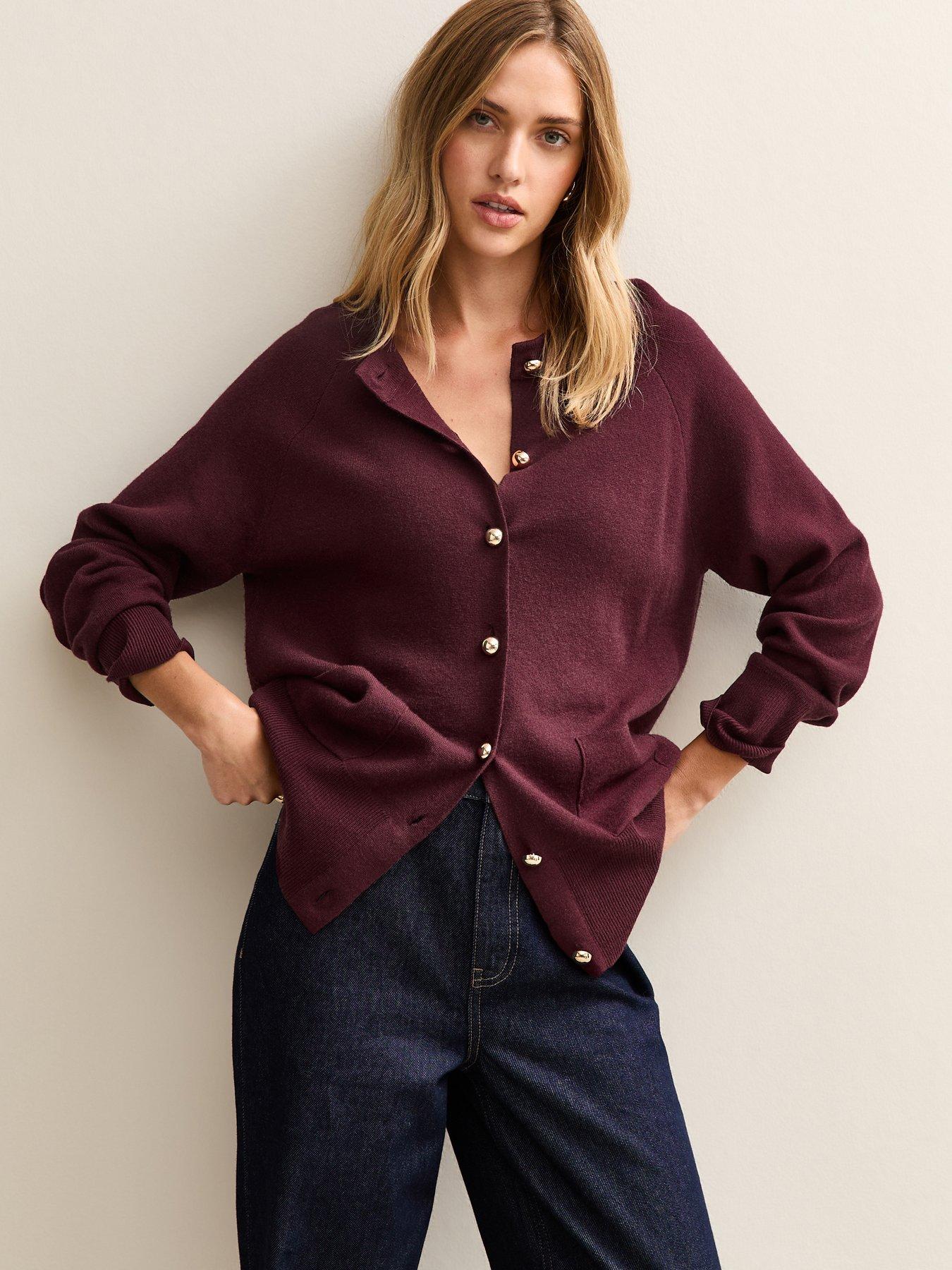 Image 1 of 5 of New Look Burgundy Longline Crew Neck Cardigan - Red