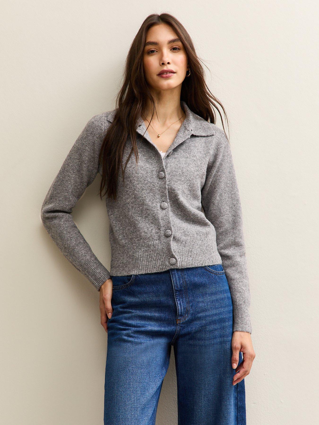 Image 1 of 7 of New Look Midweight Knit Collared Cardigan - Grey