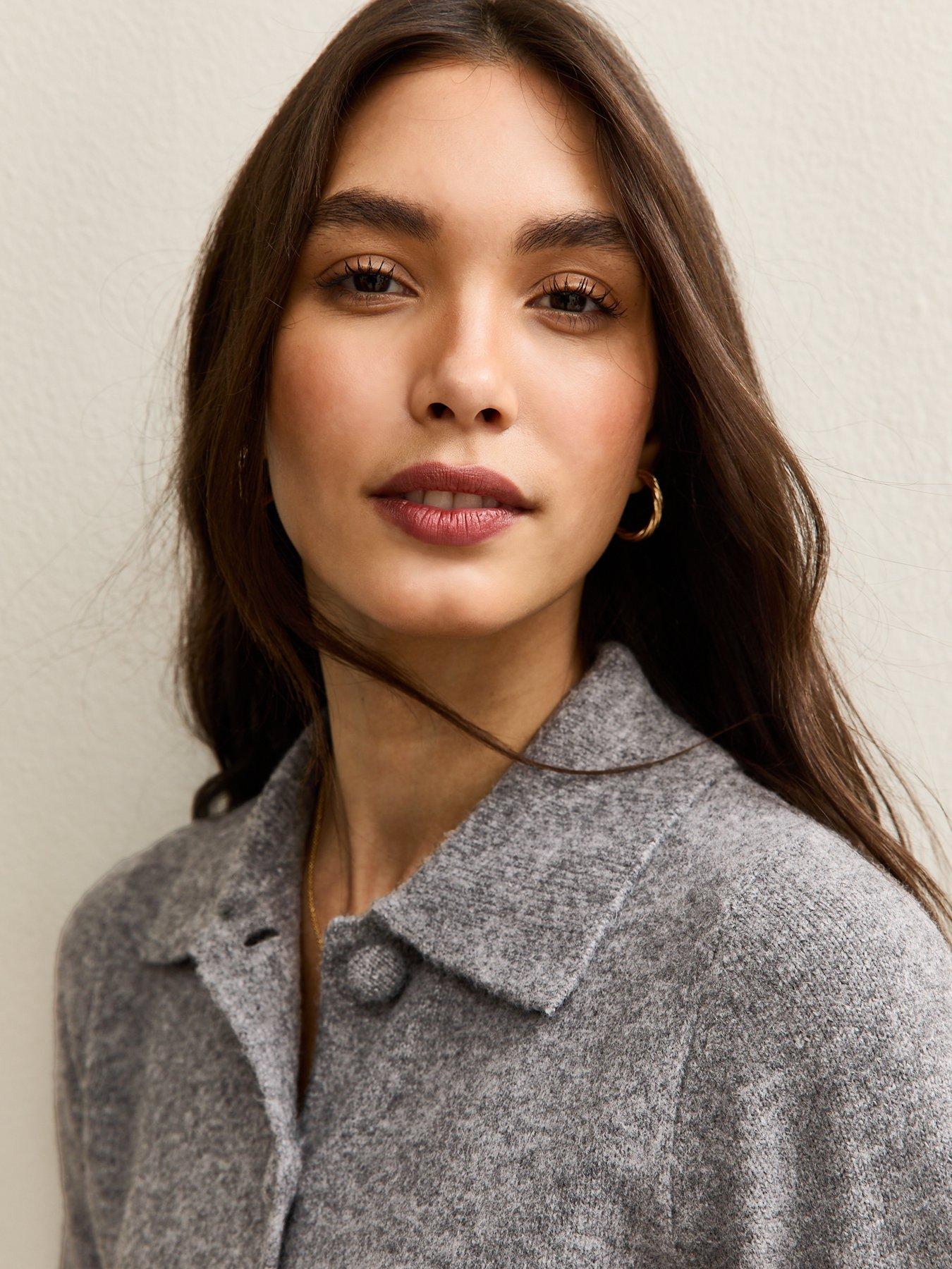 Image 4 of 7 of New Look Midweight Knit Collared Cardigan - Grey