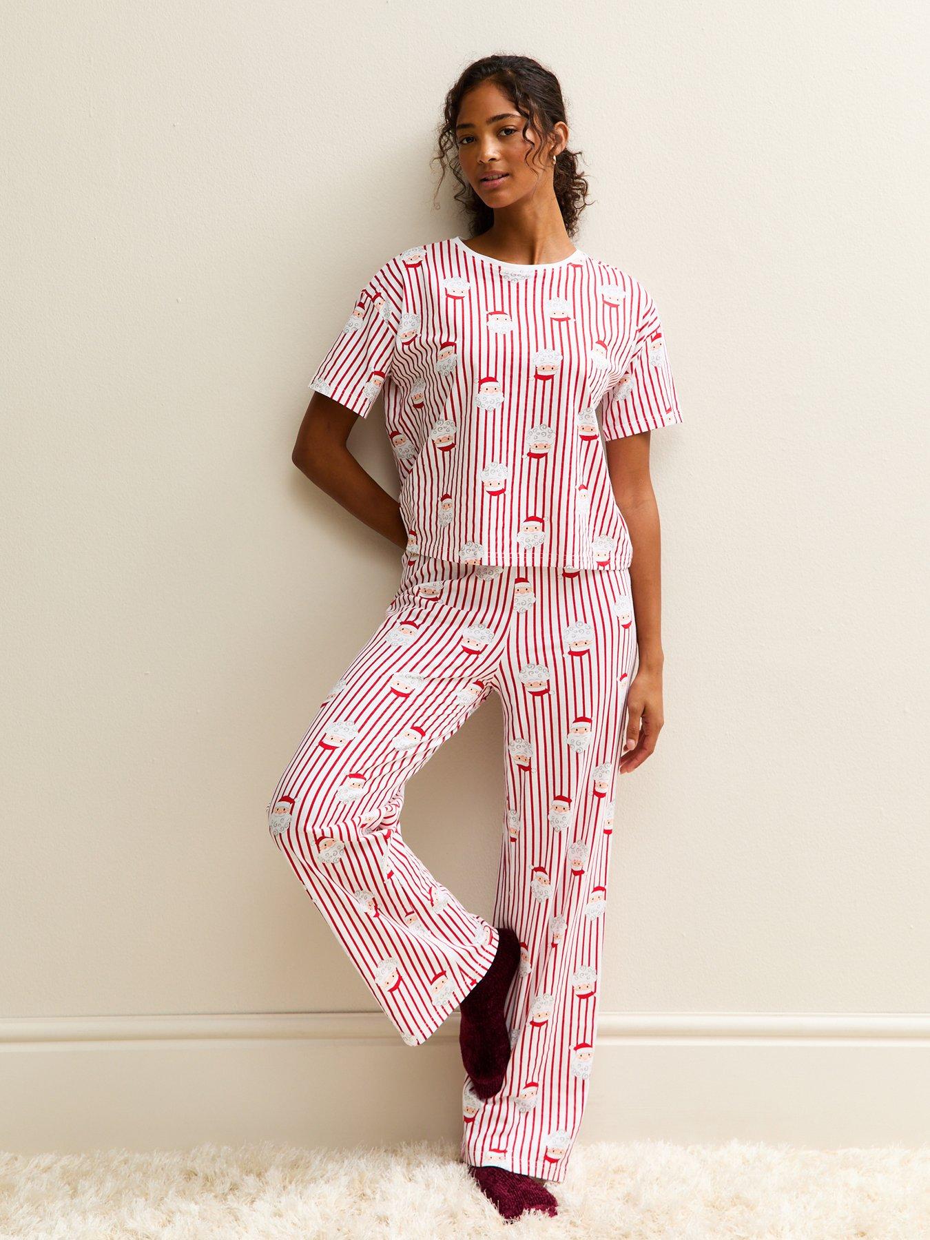 Image 1 of 6 of New Look Red Christmas Santa Print Striped Pyjama Set