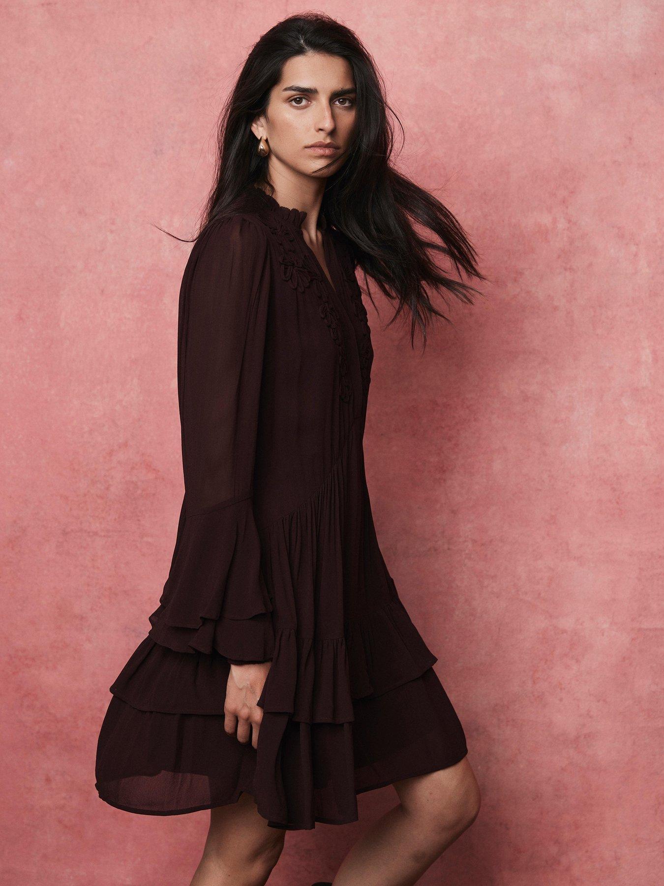 Image 2 of 6 of Mint Velvet Corneli Ruffle Mini Dress - Burgundy