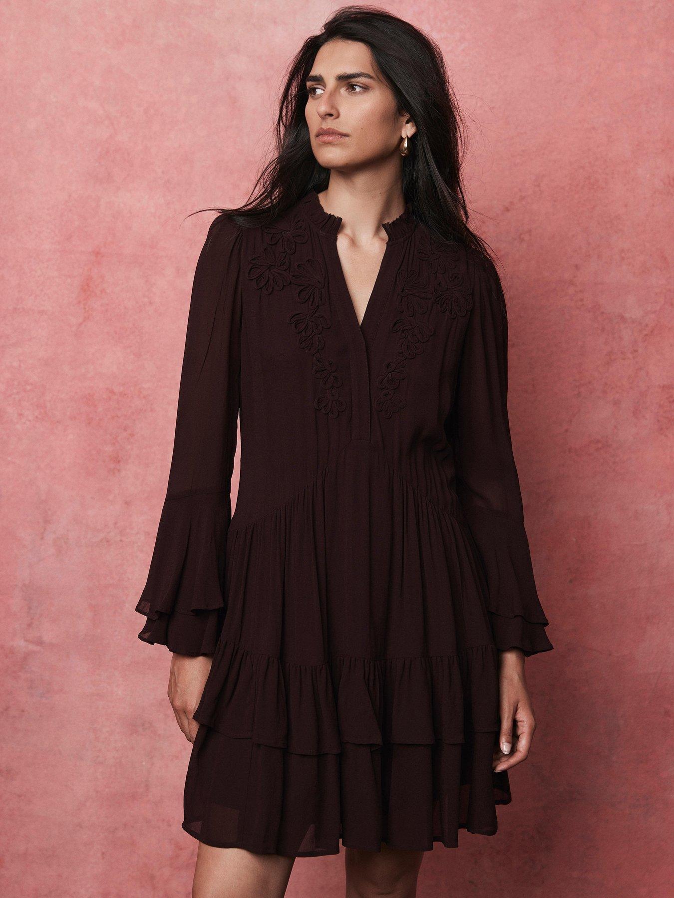 Image 3 of 6 of Mint Velvet Corneli Ruffle Mini Dress - Burgundy