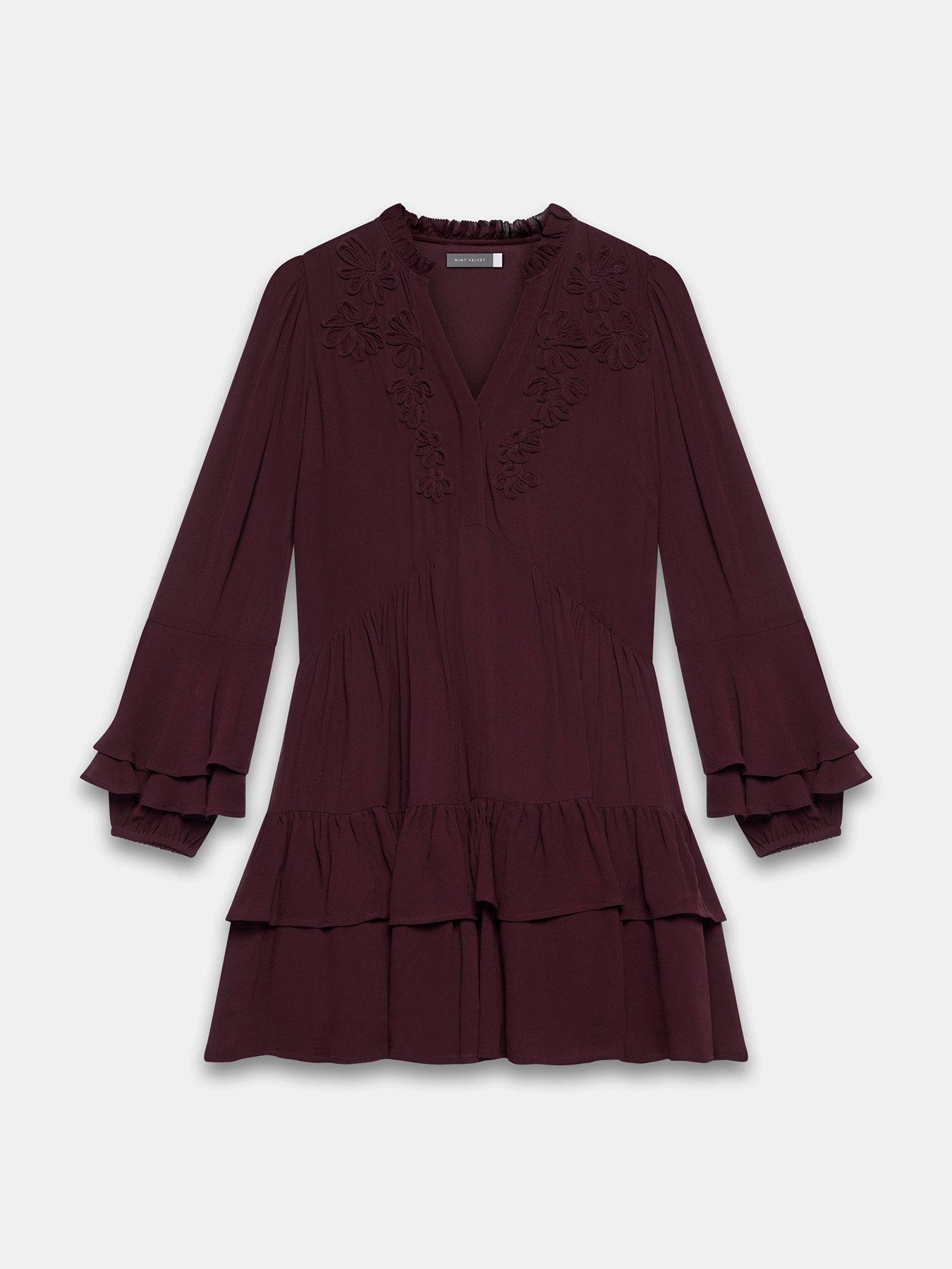 Image 5 of 6 of Mint Velvet Corneli Ruffle Mini Dress - Burgundy