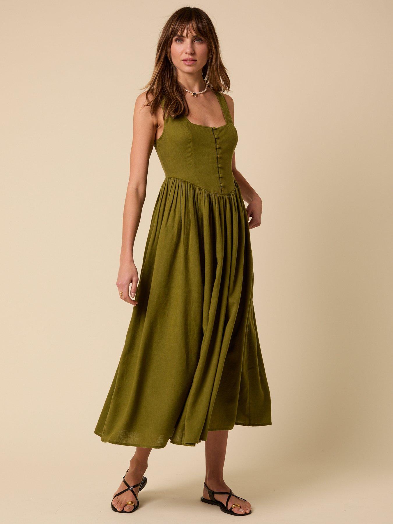 Nobodys Child Linen-Blend Drop Waist Cora Midi Dress - Green