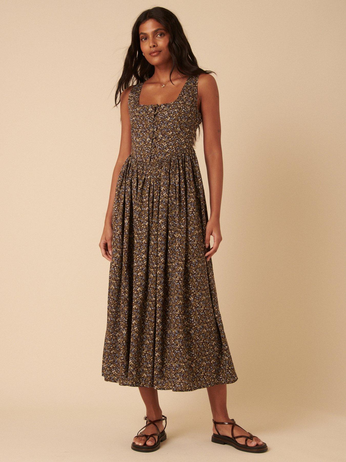 Nobodys Child Ditsy Floral Drop Waist Cora Midi Dress - Brown