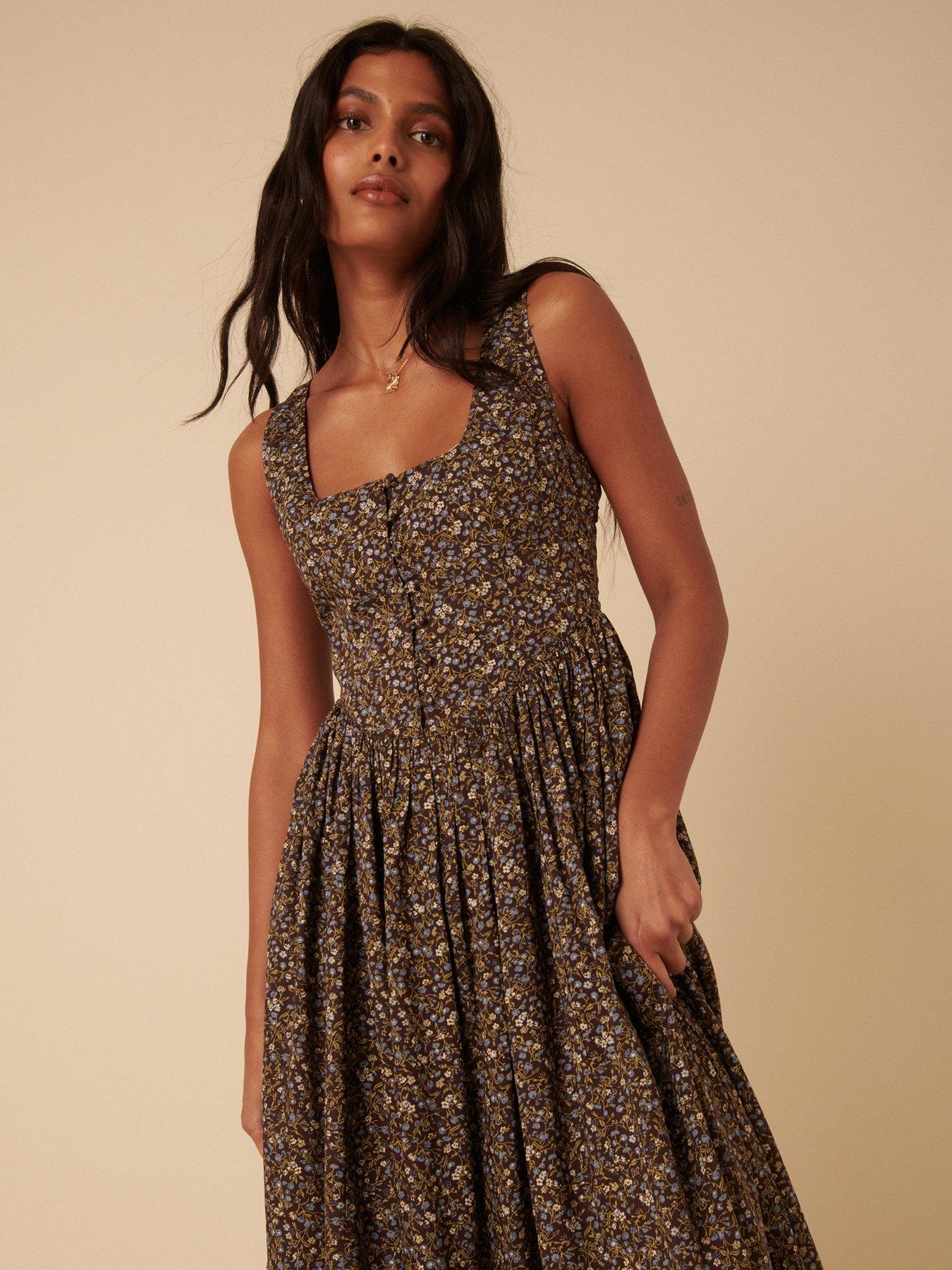 Nobodys Child Ditsy Floral Drop Waist Cora Midi Dress - Brown