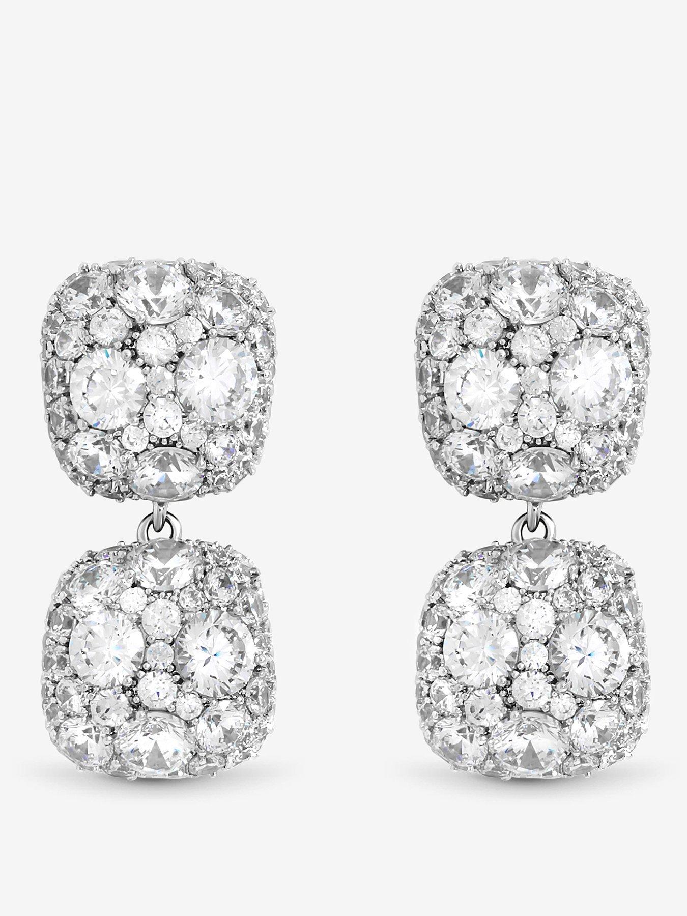 Jon Richard Jon Richard Rhodium Plated Pave Square Double Drop Earrings