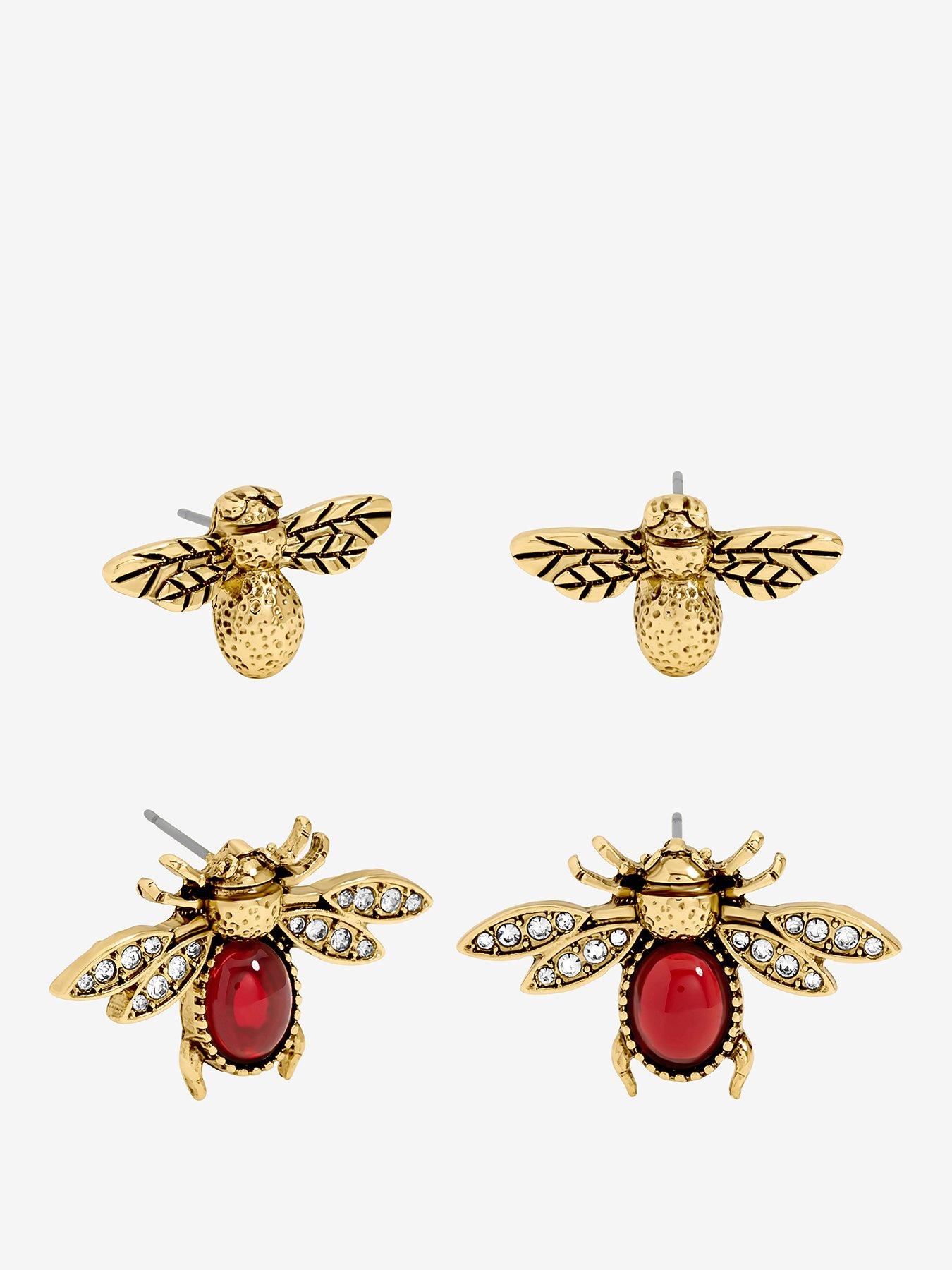 Mood Antique Gold Polished  &  Red Insect Stud Earrings - Pack Of 2