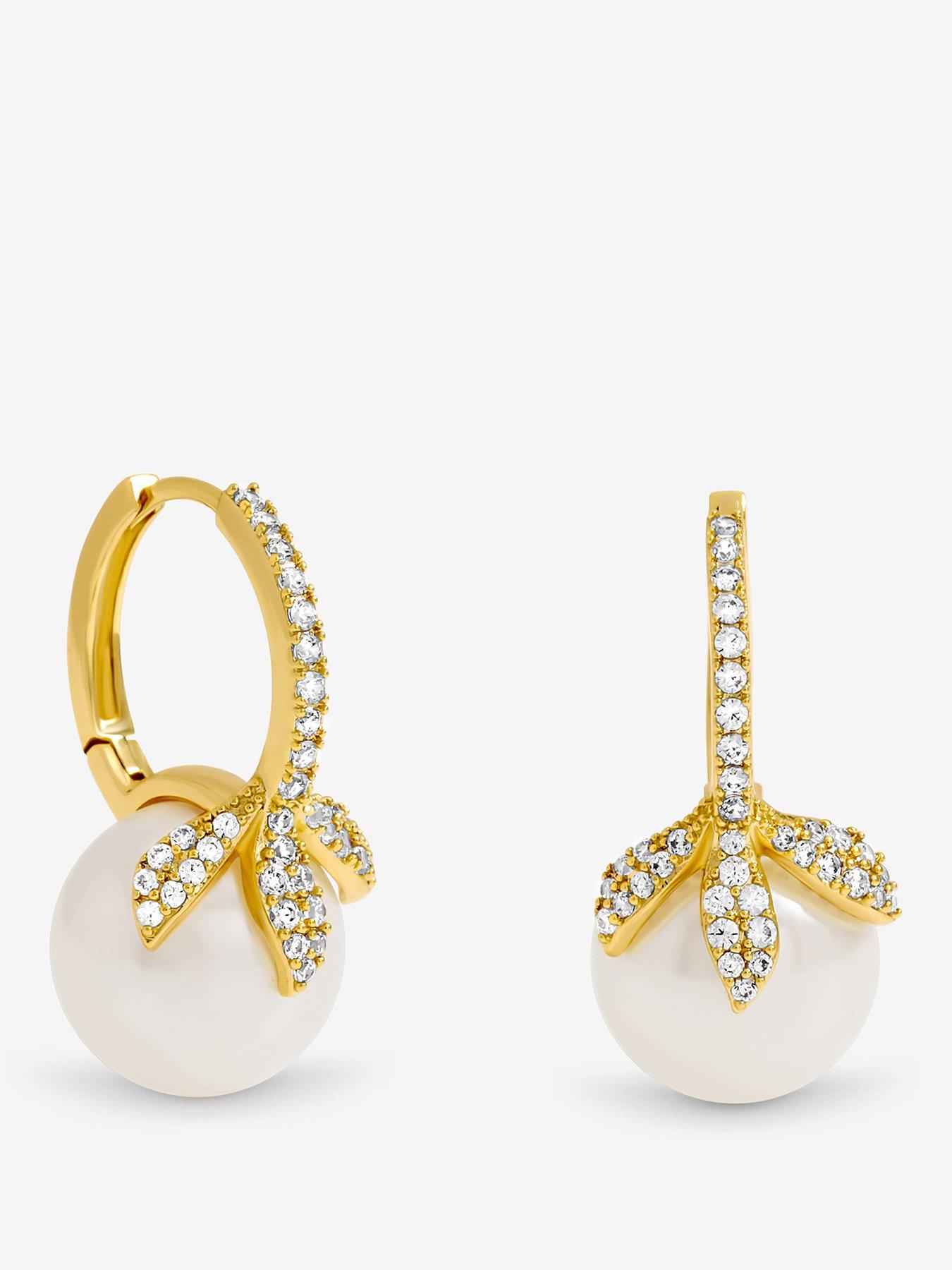 Image 1 of 3 of Jon Richard Jon Richard Gold Plated Crystal Leaf and Pearl Earrings