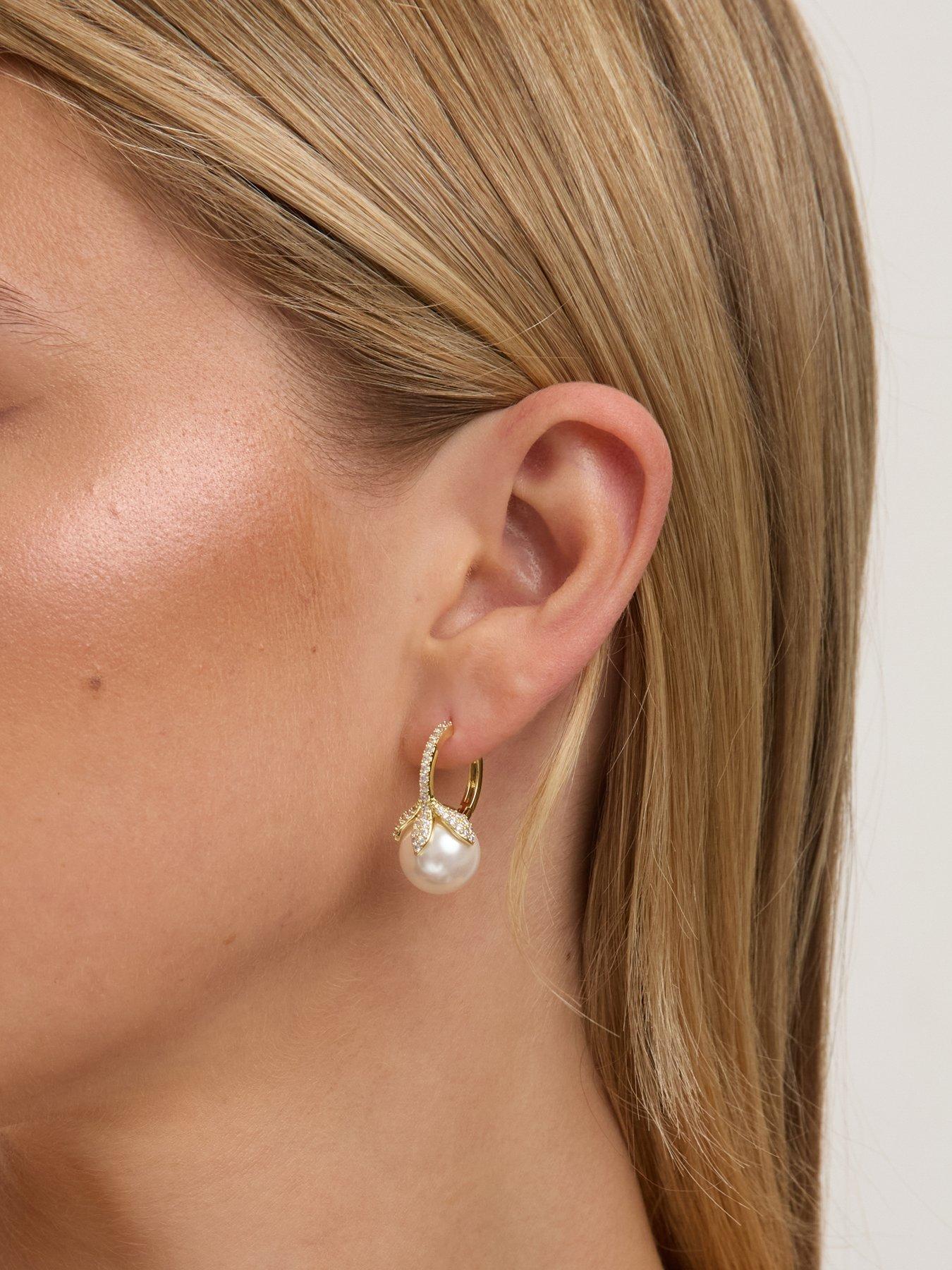 Image 2 of 3 of Jon Richard Jon Richard Gold Plated Crystal Leaf and Pearl Earrings