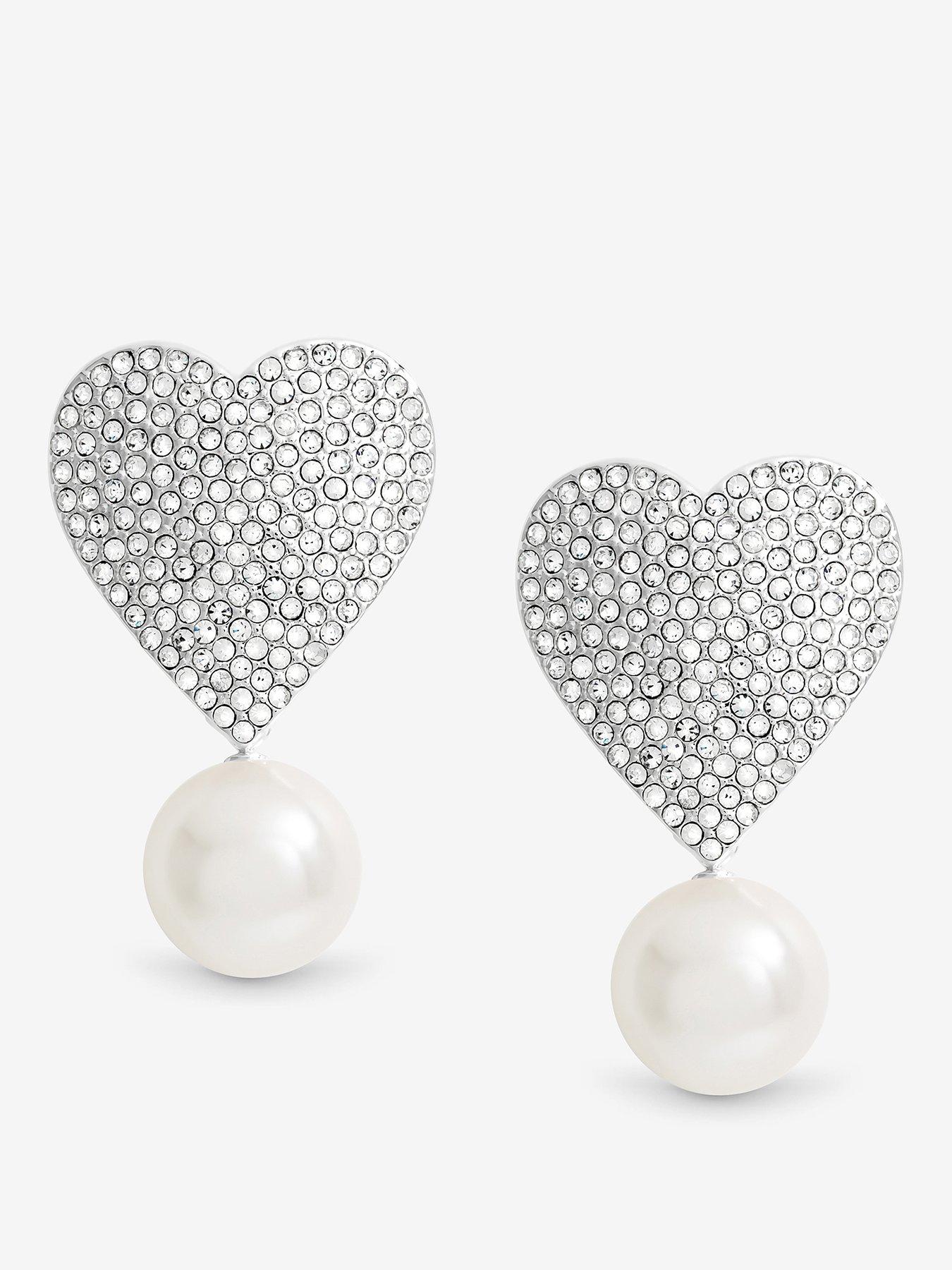 Mood Silver Crystal Heart With Pearl Drop Statement Earrings