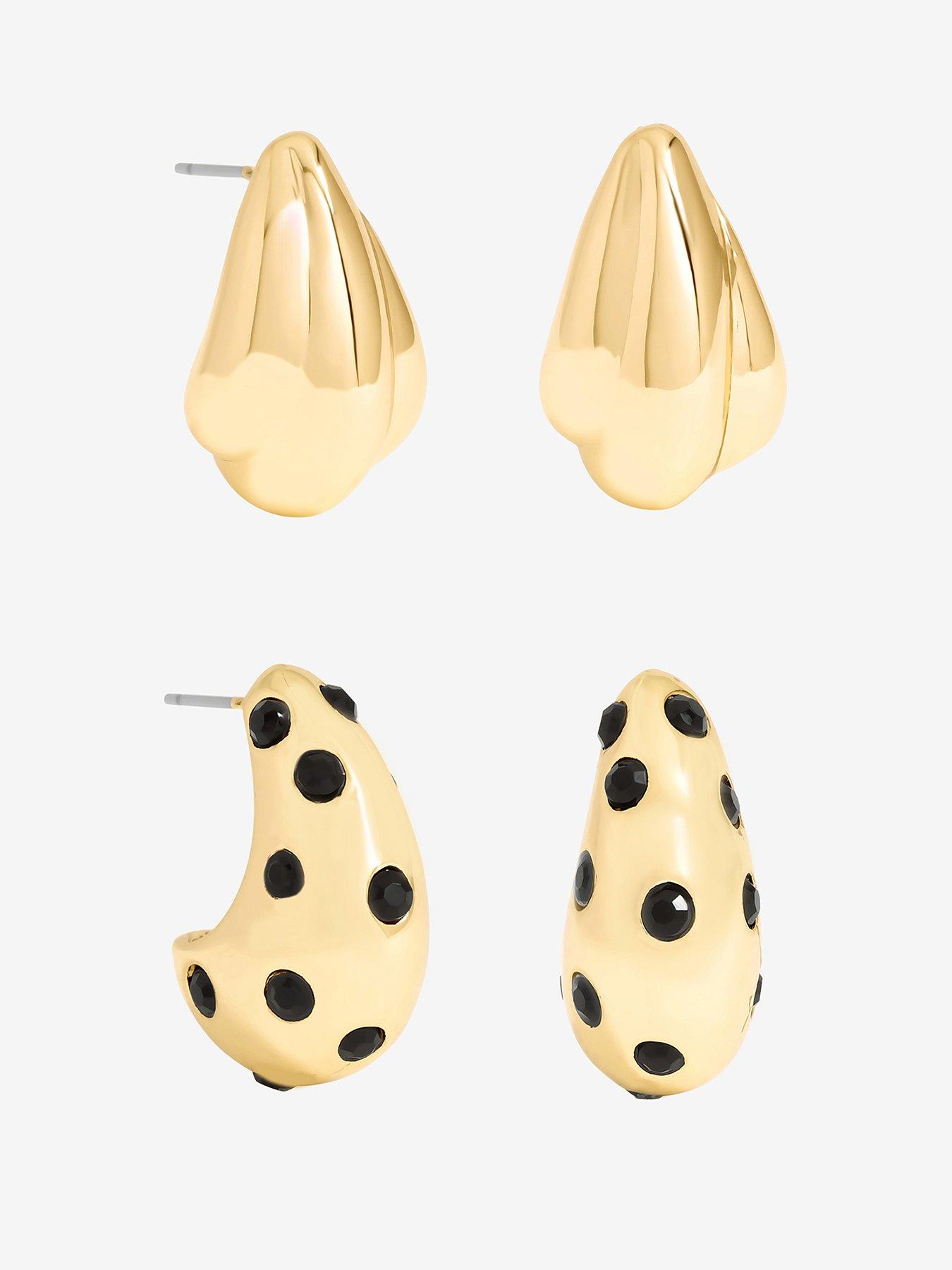 Mood Polished Gold  &  Jet Crystal Dome Earrings - Pack Of 2