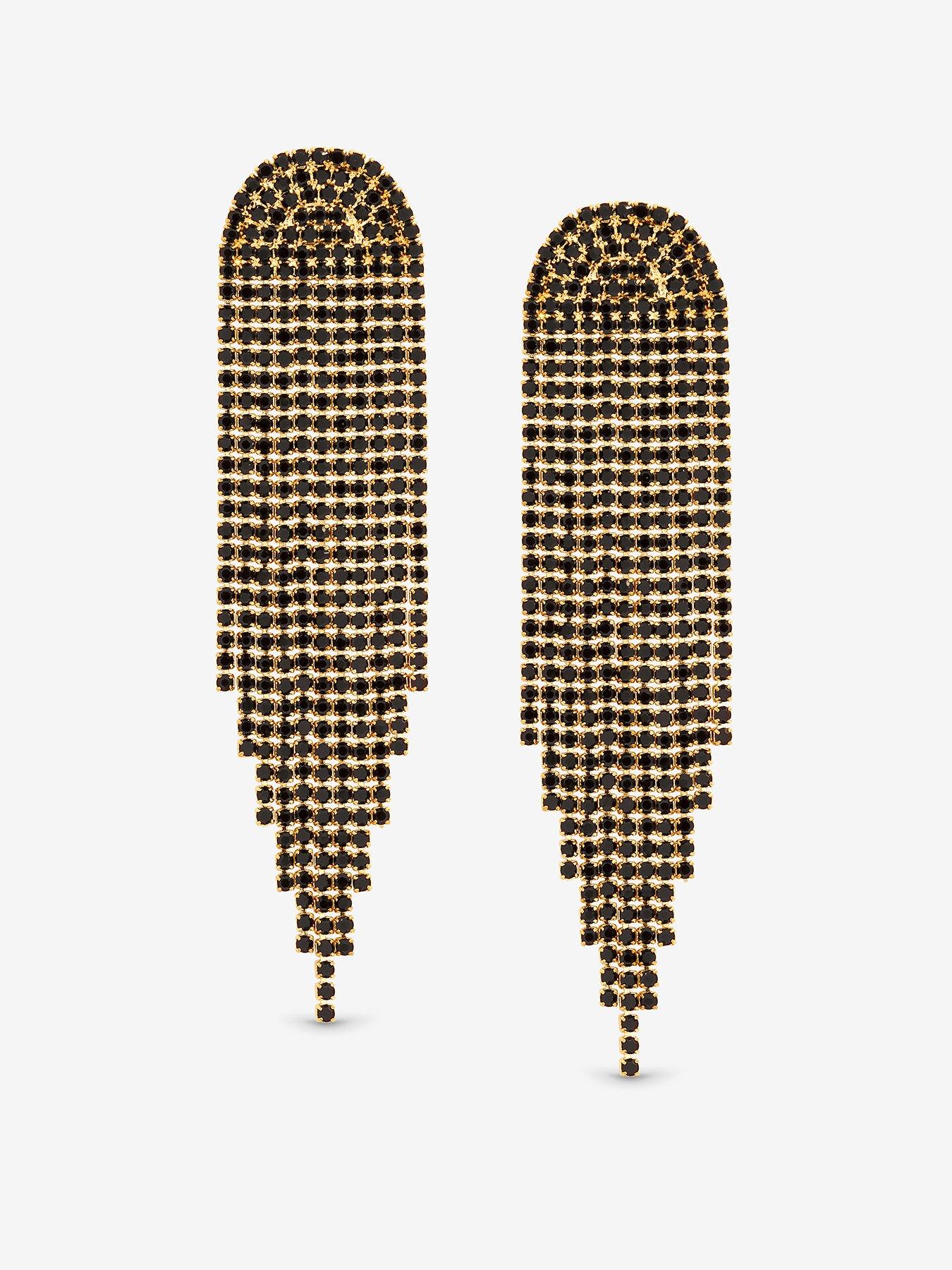 Mood Gold  &  Jet Crystal Tassel Statement Drop Earrings