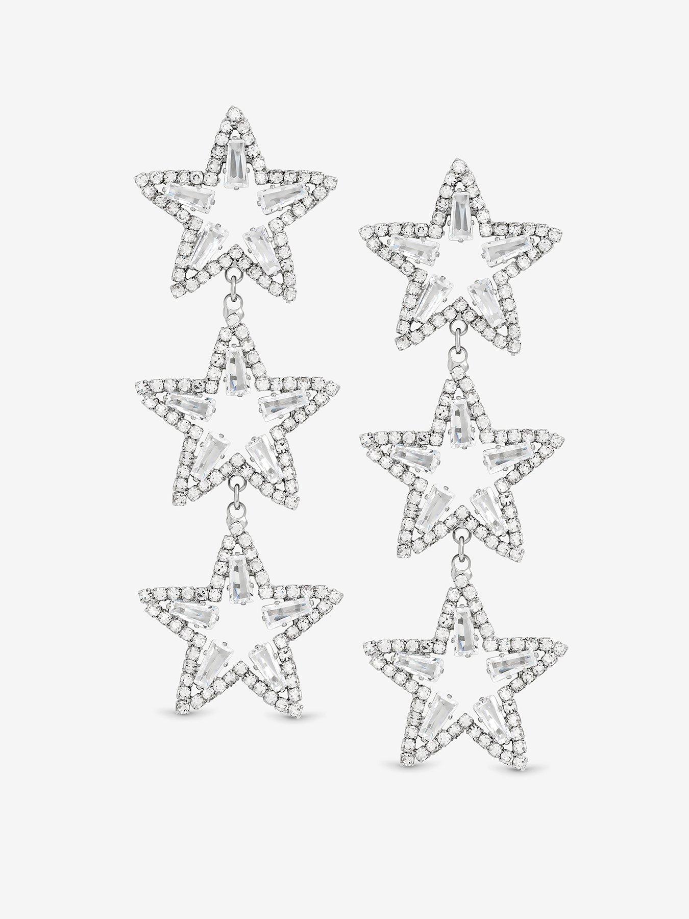 Image 1 of 4 of Mood Silver Crystal Triple Star Statement Drop Earrings