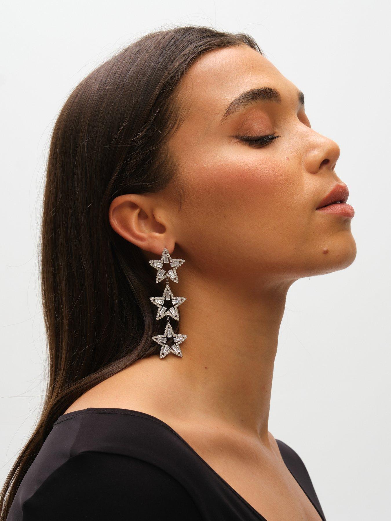 Image 2 of 4 of Mood Silver Crystal Triple Star Statement Drop Earrings