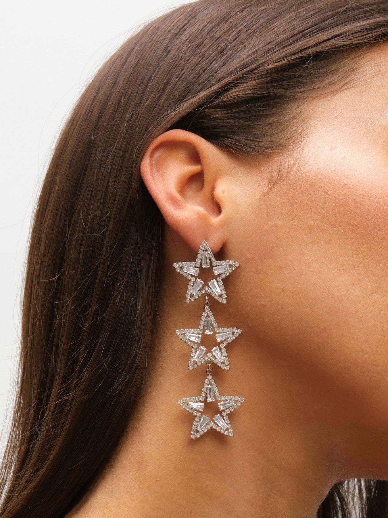 Image 3 of 4 of Mood Silver Crystal Triple Star Statement Drop Earrings