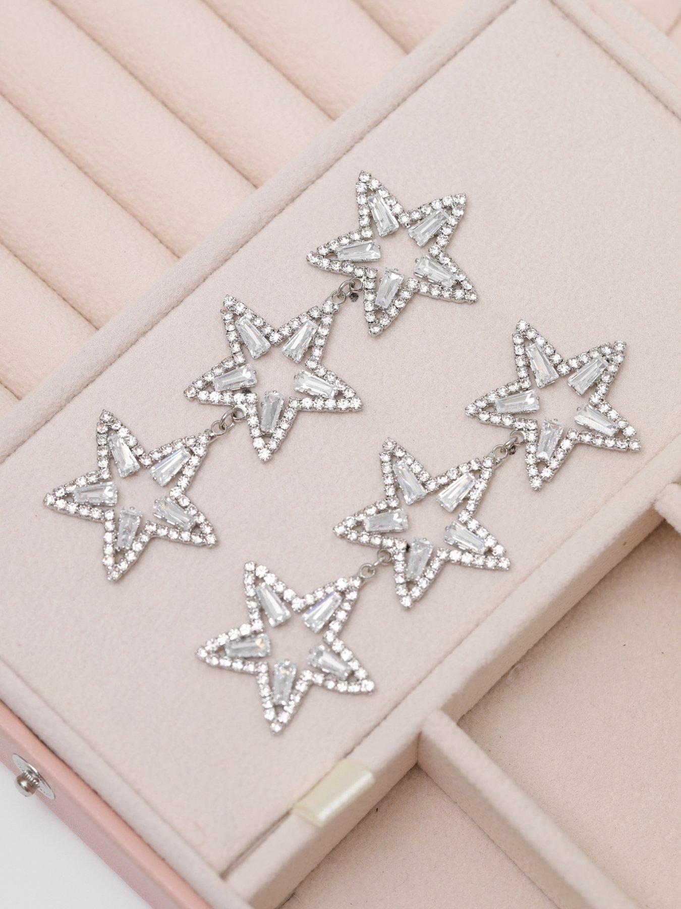 Image 4 of 4 of Mood Silver Crystal Triple Star Statement Drop Earrings