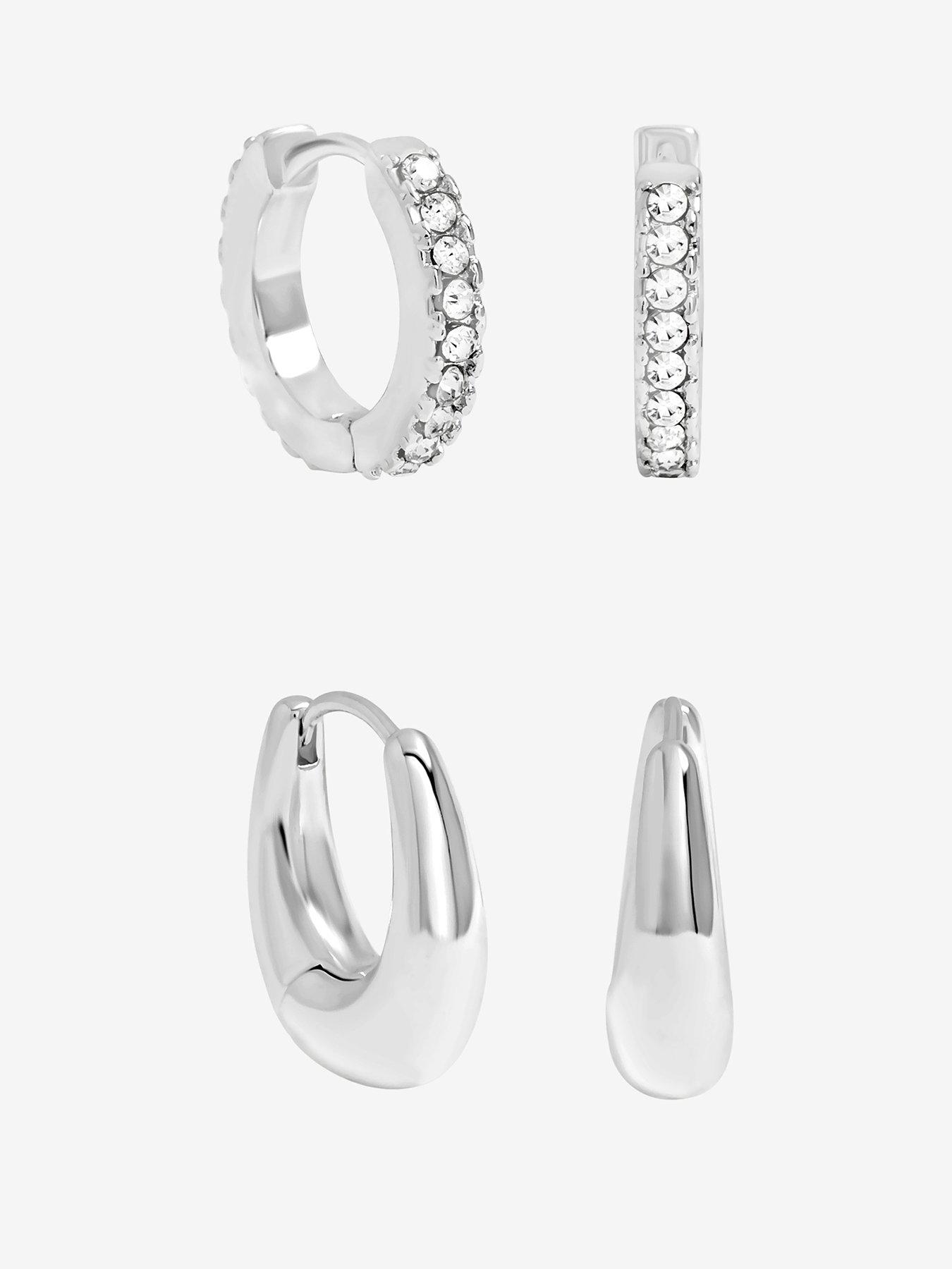 Jon Richard Silver Plated Polished and Pave Hoops - Pack of 2