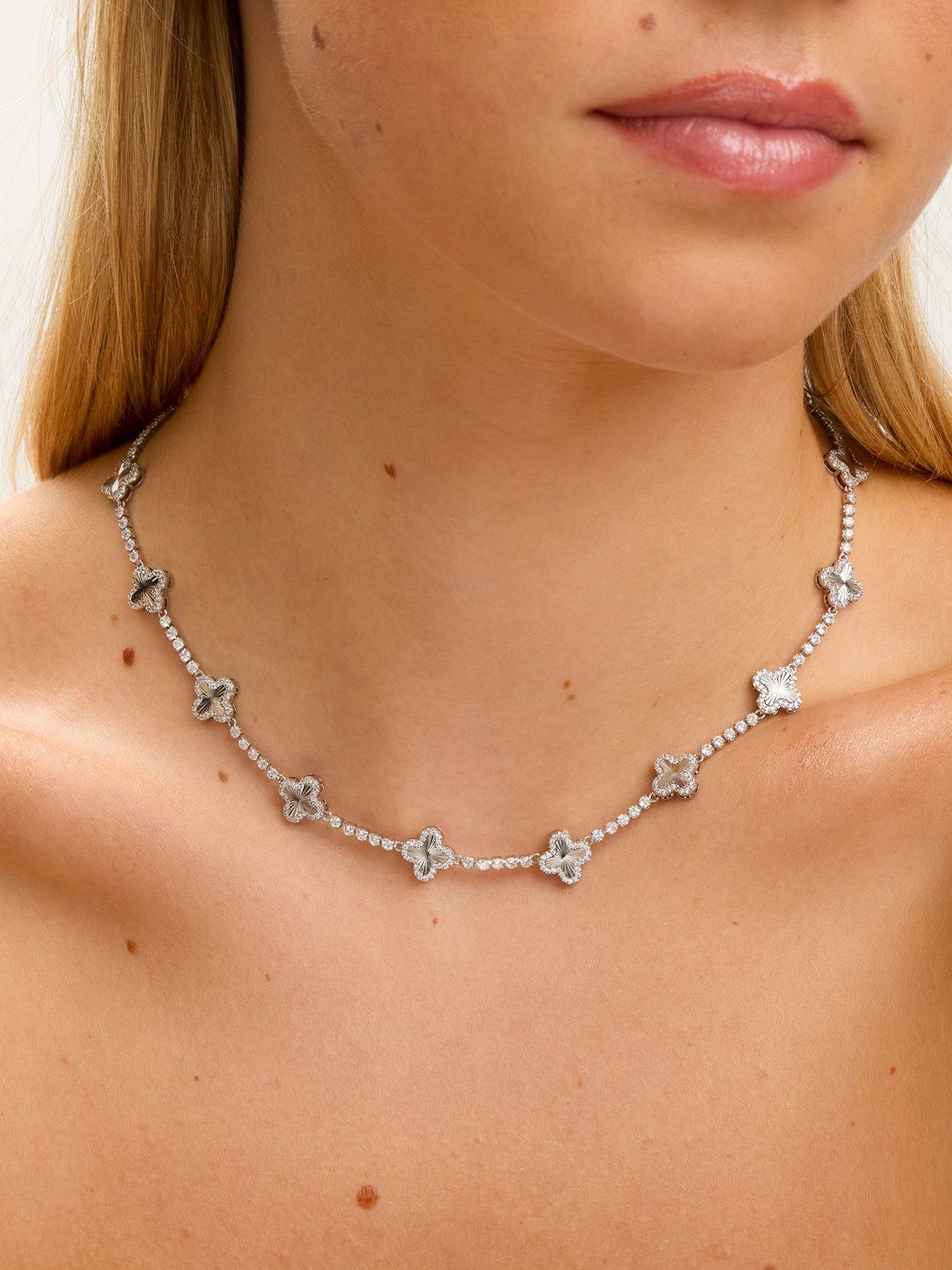 Image 1 of 4 of Jon Richard Rhodium Plated and Diamond Cut Station Clover Necklace - Gift Box