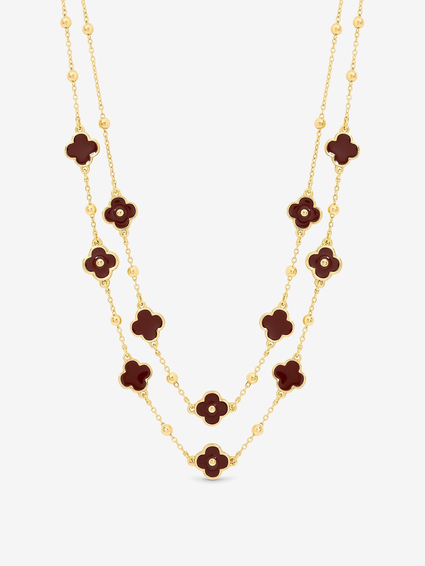 Mood Gold Polished  &  Burgundy Clover Double Row Necklace