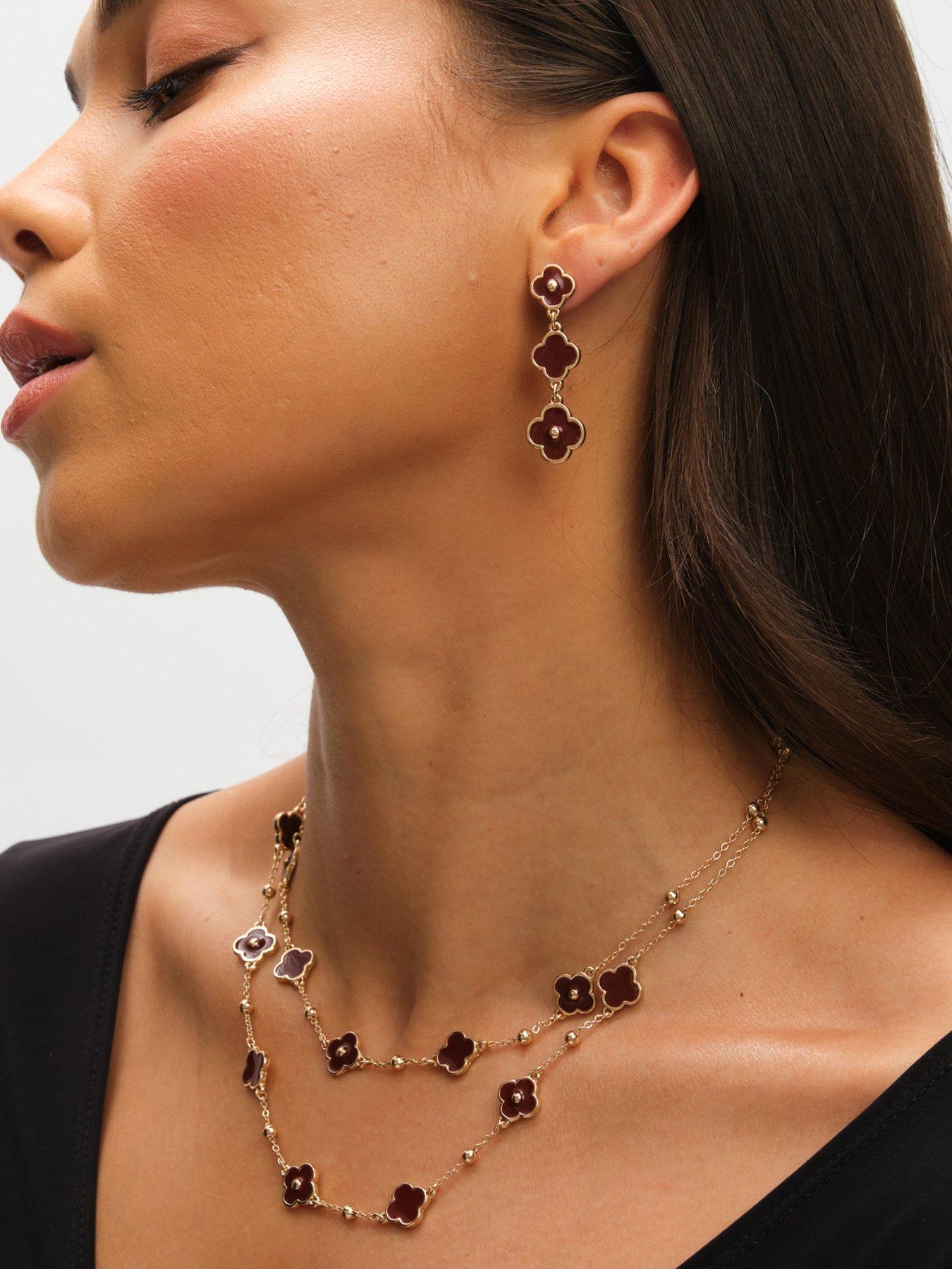Image 2 of 3 of Mood Gold Polished &amp; Burgundy Clover Double Row Necklace