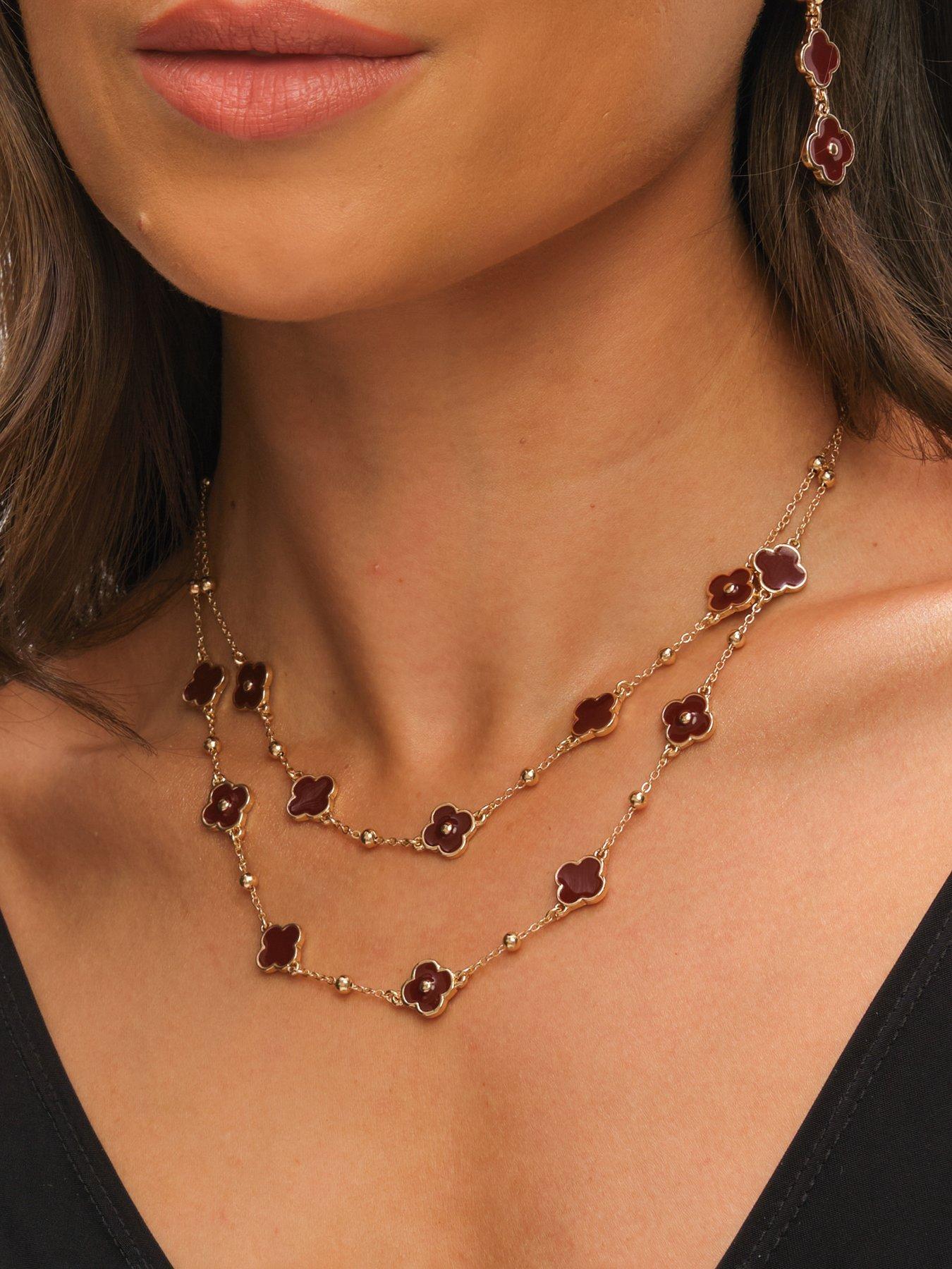 Image 3 of 3 of Mood Gold Polished &amp; Burgundy Clover Double Row Necklace