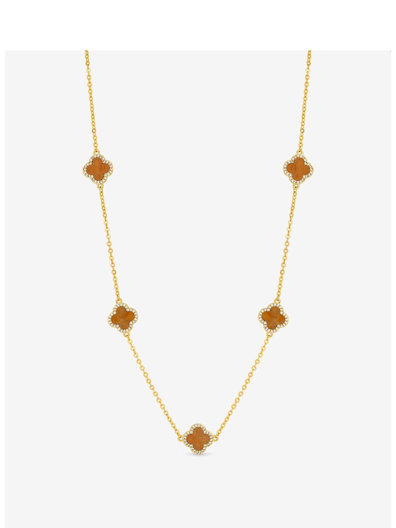 Jon Richard Jon Richard Gold Plated Tigers Eye Station Clover Necklace